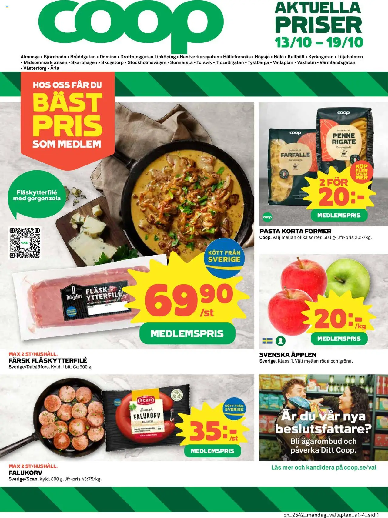 Almunge är giltig 13/10 2025 > Veckans Erbjudanden gäller från 13/10/2025 till 19/10/2025 sidnummer 1 - Äpplen, Pasta, Falukorv, Kött, Fläsk, Fläskytterfilé