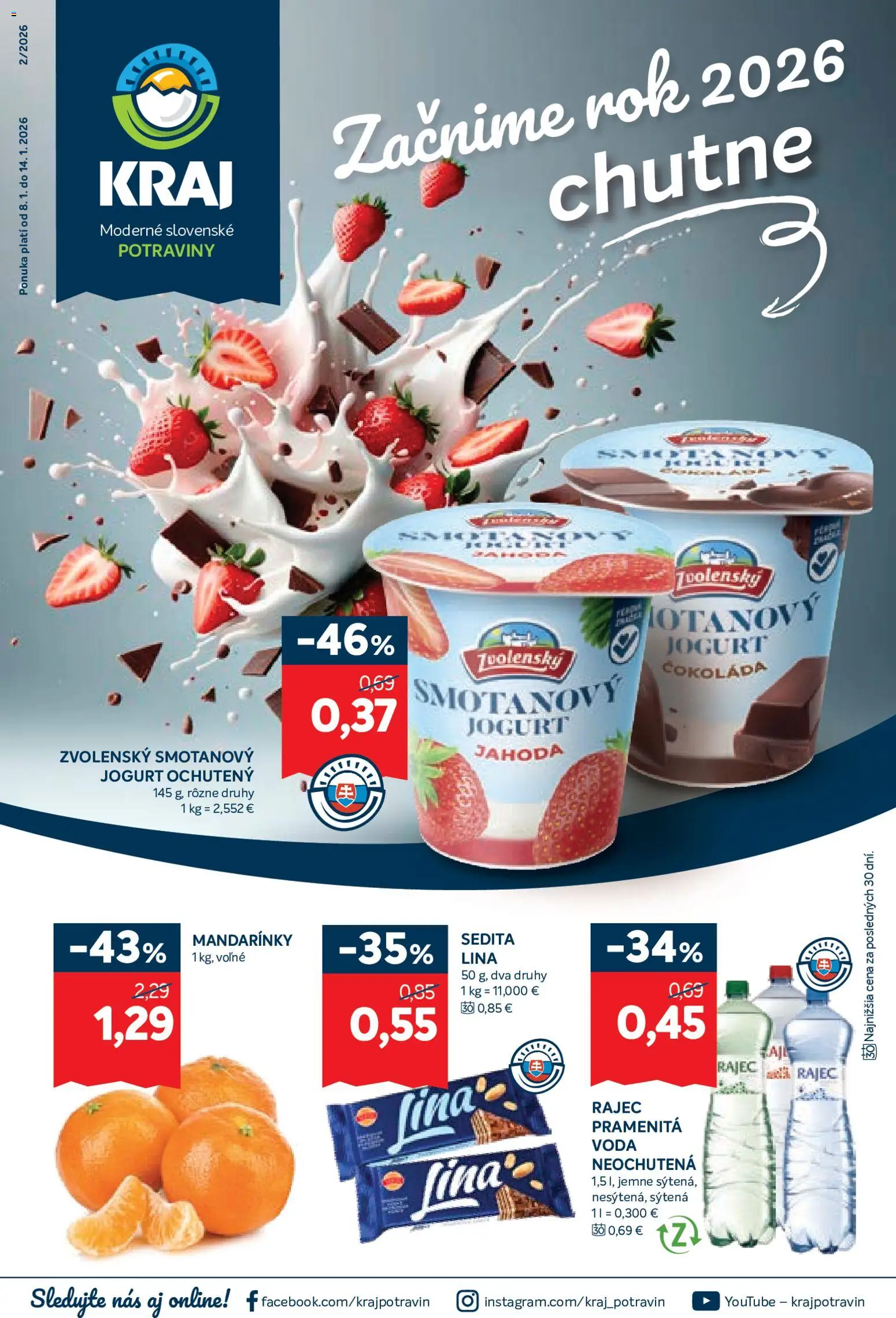 Náhľad Kraj letáku platného od 08.01.2026 - Rajec, Voda, Čokoláda, Jogurt, Mandarinky