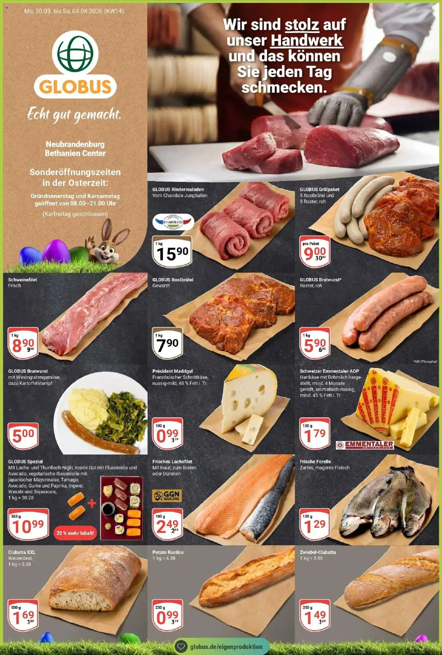 Vorschau von dem Prospekt des Geschäftes Globus, gültig ab dem 30.03.2026 - Uhr, Bratwurst, Lachs, Rinderrouladen, Fleisch, Schweinefilet