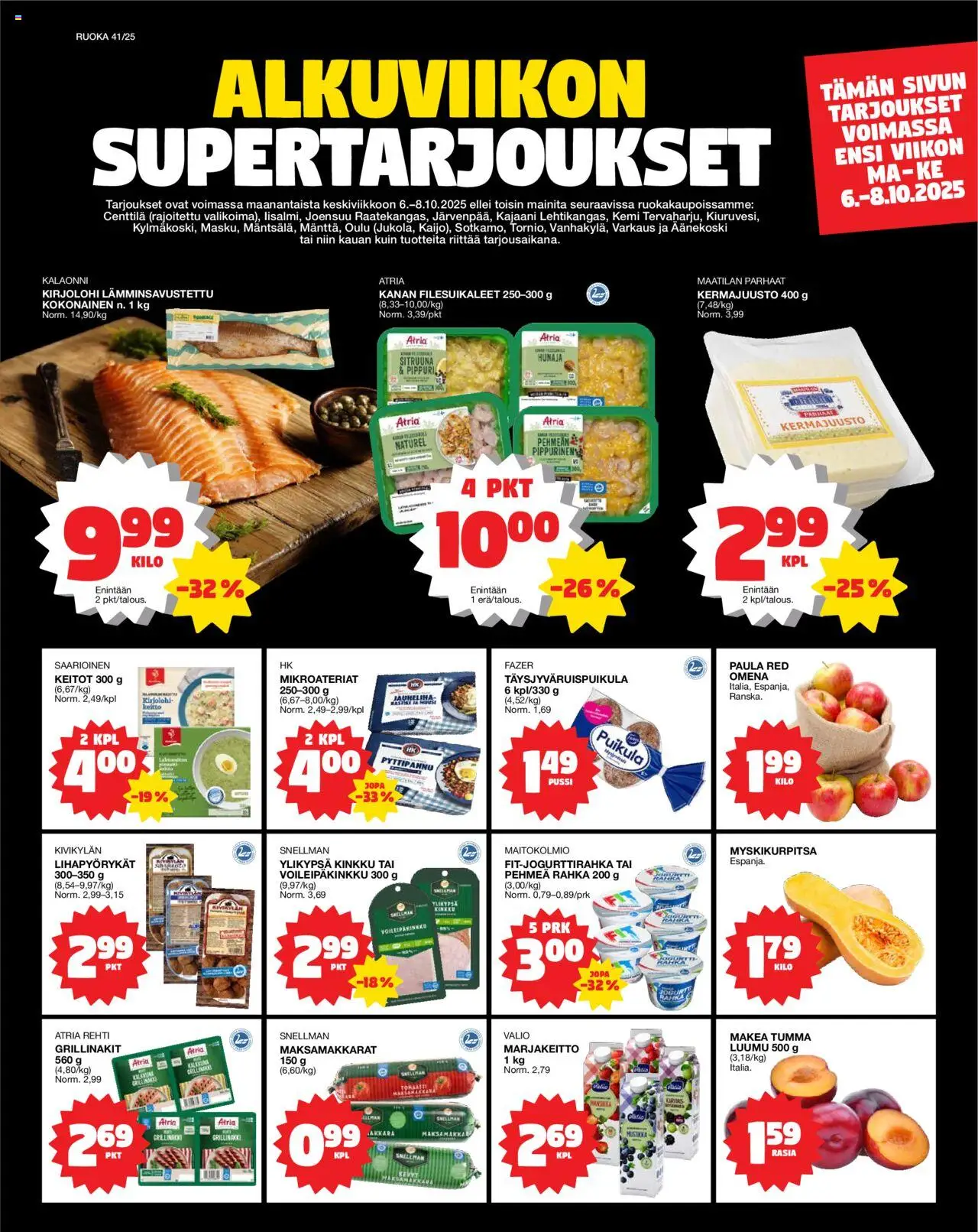 Kaupan Tokmanni Ruokatarjoukset esikatselu, voimassa 06/10/2025 - Jakkara, Jauheliha, Kirjolohi, Keitto, Kinkku, Luumu, Kermajuusto, Kokonainen