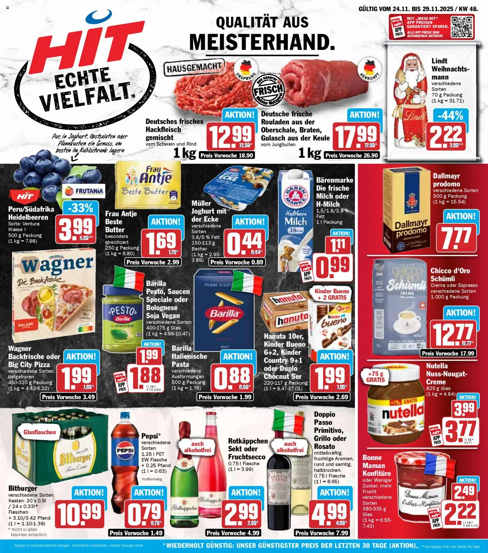 Vorschau von dem Prospekt des Geschäftes HIT, gültig ab dem 24.11.2025 - Pizza, Kühlschrank, Pasta, Lindt, Dallmayr, Salami, Bitburger, Fruchtsecco