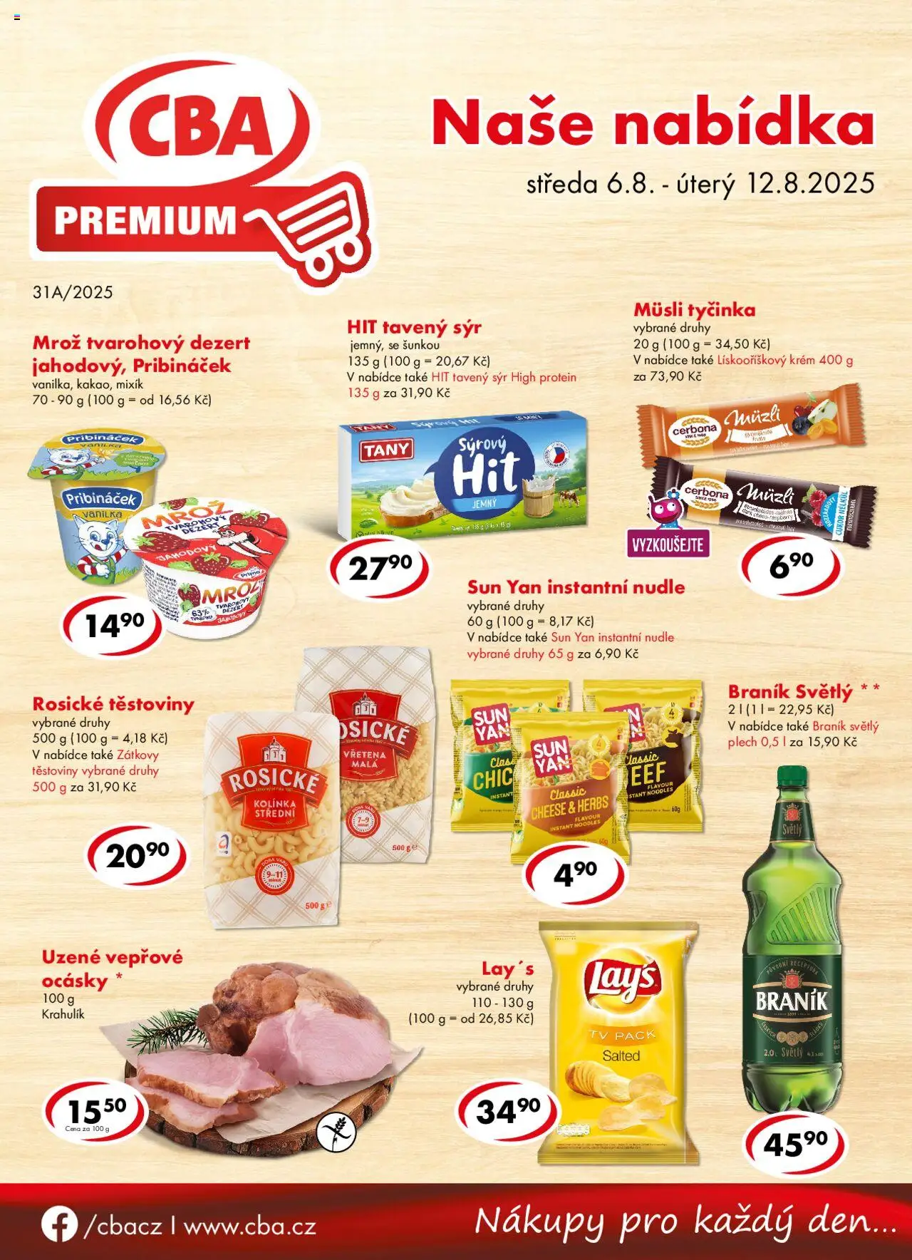  CBA Leták - Premium (06.08.2025 - 12.08.2025) - Tv, Braník, Pribináček, Plech, Krém, Tvarohový dezert, Tavený sýr, Müsli
