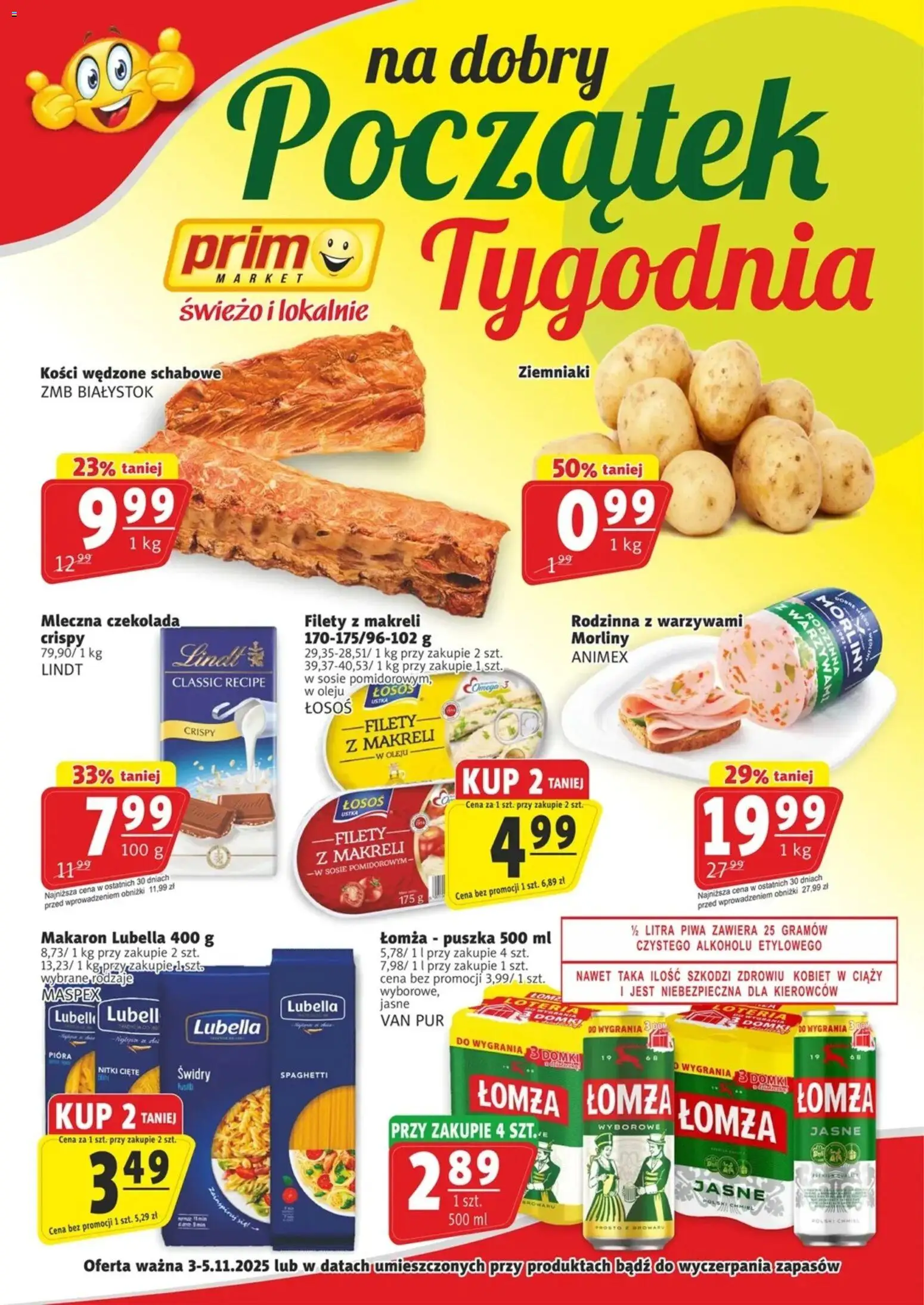 Pogląd gazetki "Na dobry początek tygodnia" ze sklepu Prim Market ważnej od 03.11.2025 - Makaron, Czekolada, Spaghetti, Mięso, Ziemniaki, Lindt, Łosoś, Wędliny