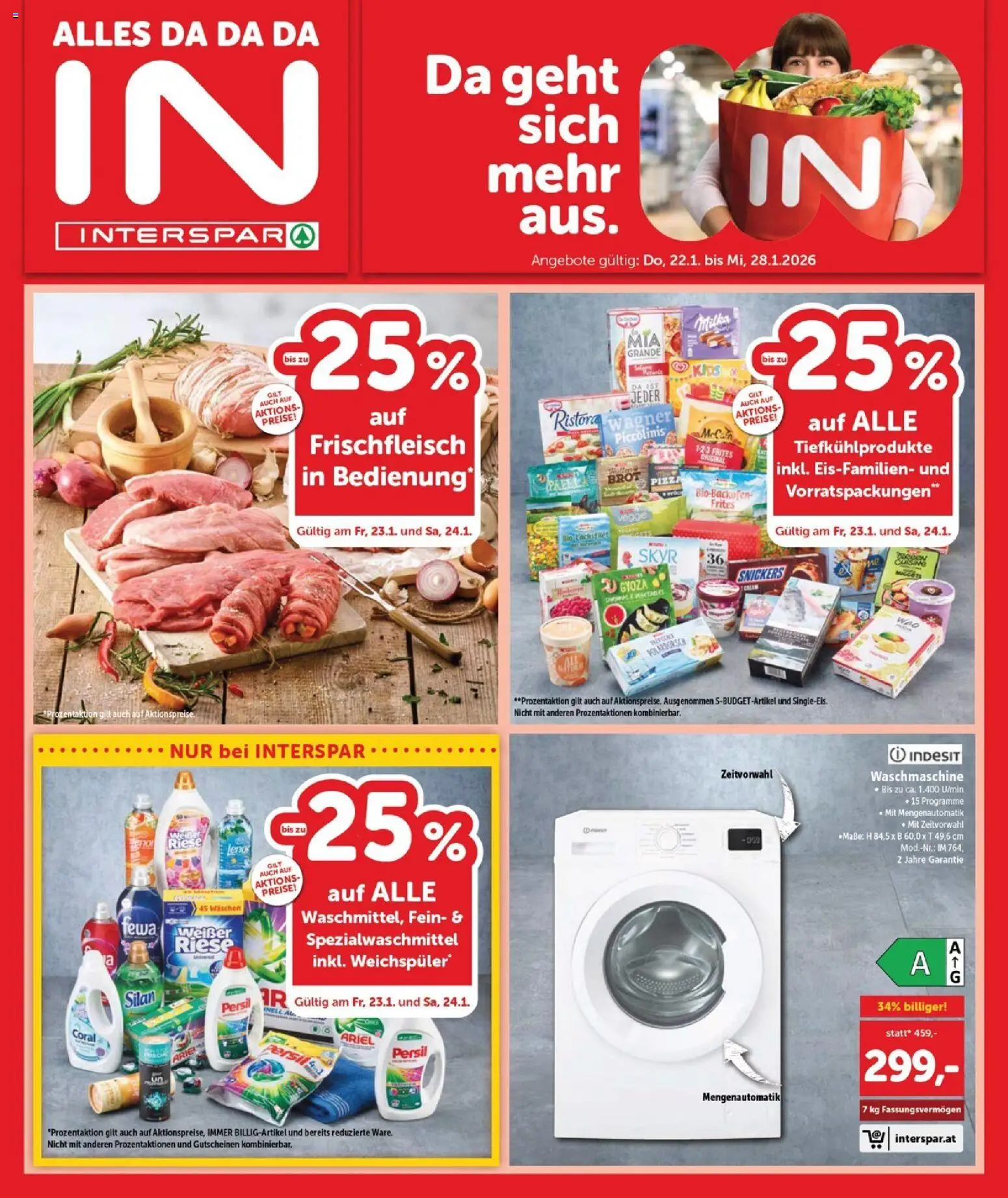 Vorschau der Angebote: Interspar Burgenland gültig ab 22.01.2026 - Pizza, Waschmaschine, Brot, Snickers, Lachsfilet