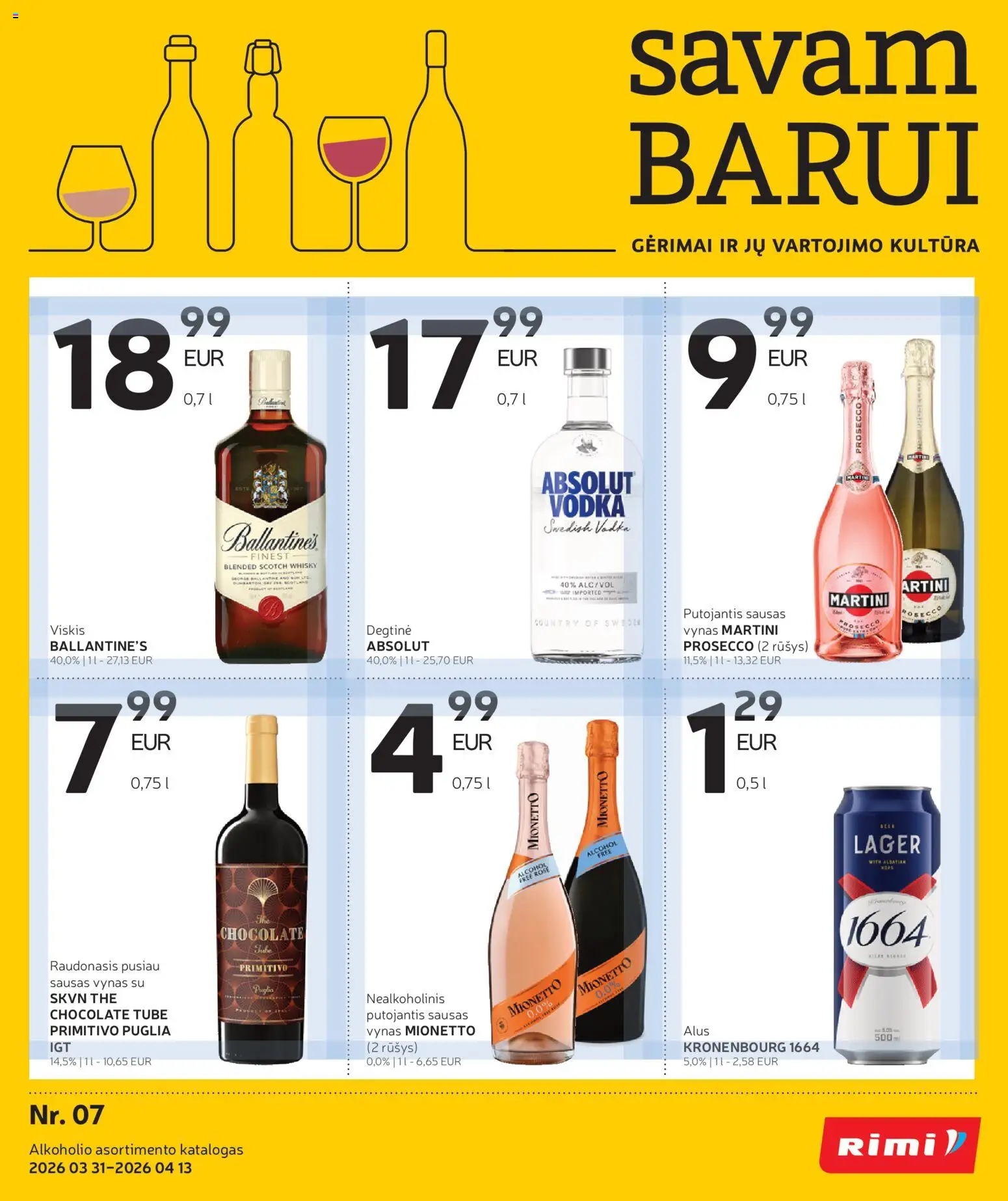 Rimi parduotuvės leidinio Rimi leidinys - Alkoholinių gėrimų galiojančio nuo 2026.03.31 peržiūra - Alus, Viskis, Vynas, Degtinė, Martini Prosecco