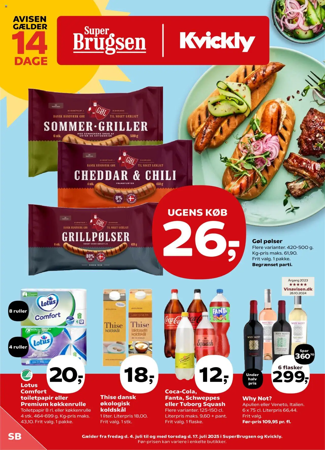 Super Brugsen tilbudsavis gyldig fra 04/07/2025 - side 1 - Squash, Koldskål, Chili, Fanta, Pølser, Tuborg Squash, Cheddar, Grillpølser