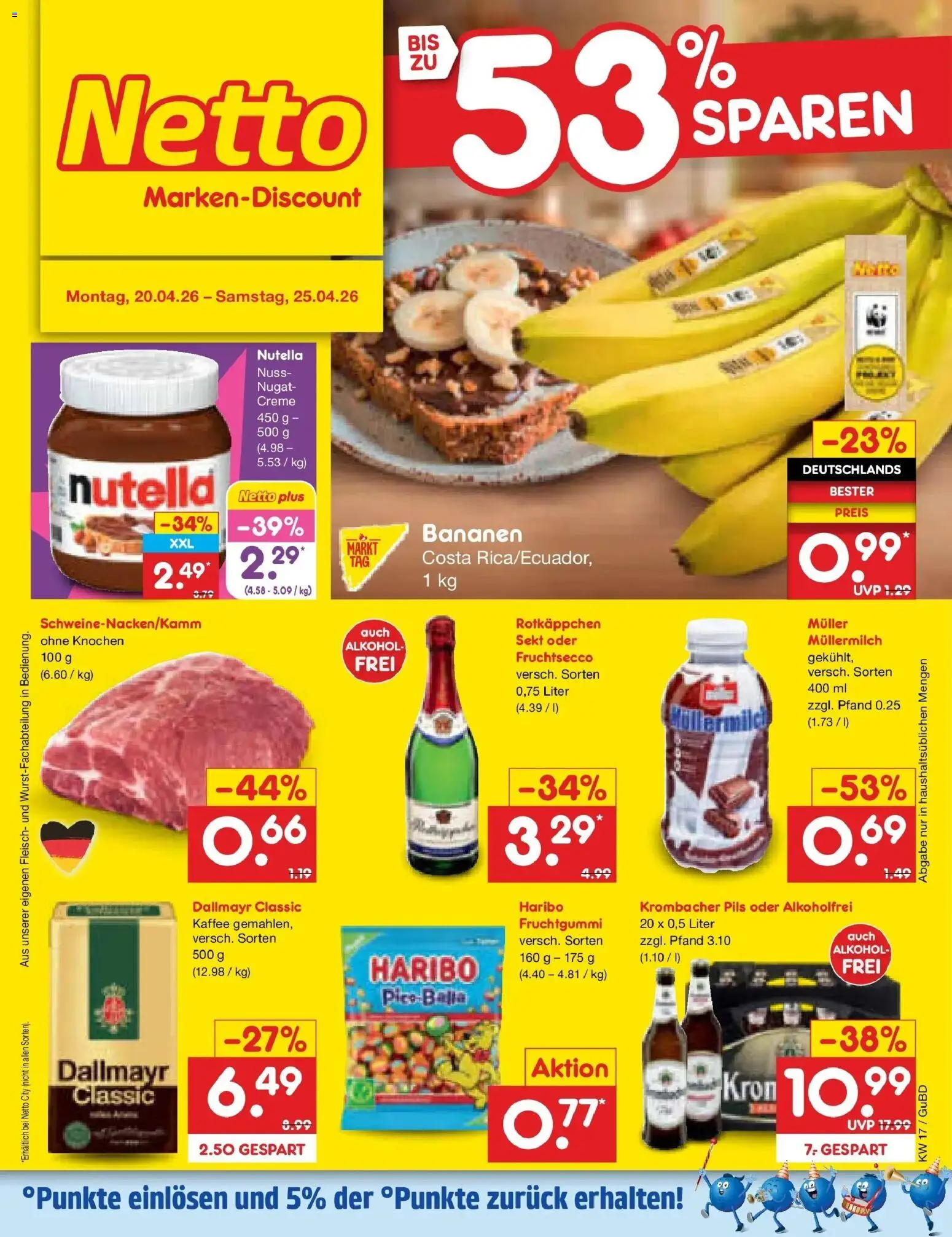 Vorschau von dem Prospekt des Geschäftes Netto Marken-Discount, gültig ab dem 20.04.2026 - Kaffee, Haribo, Nutella, Alkohol, Fleisch, Sekt, Creme, Fruchtsecco
