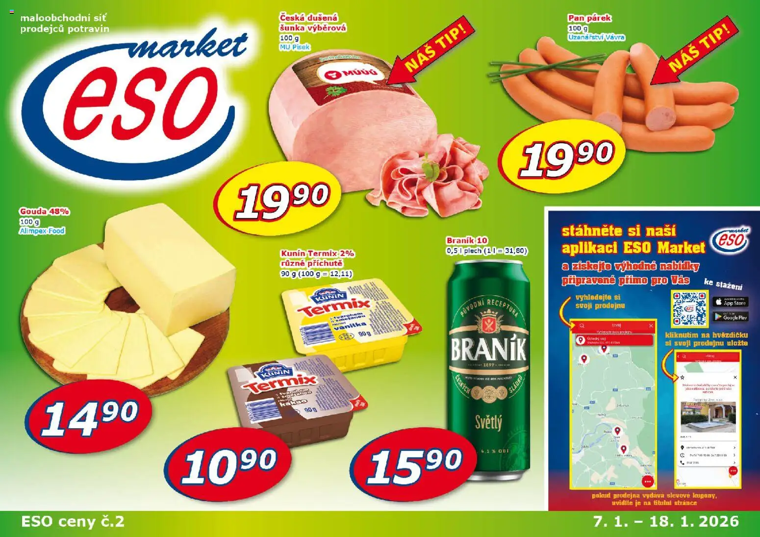 Náhled nabídky: Eso market Leták platný od 07.01.2026 - Písek, Braník, Kakao, Šunka, Termix, Vanilka, Gouda, Síť