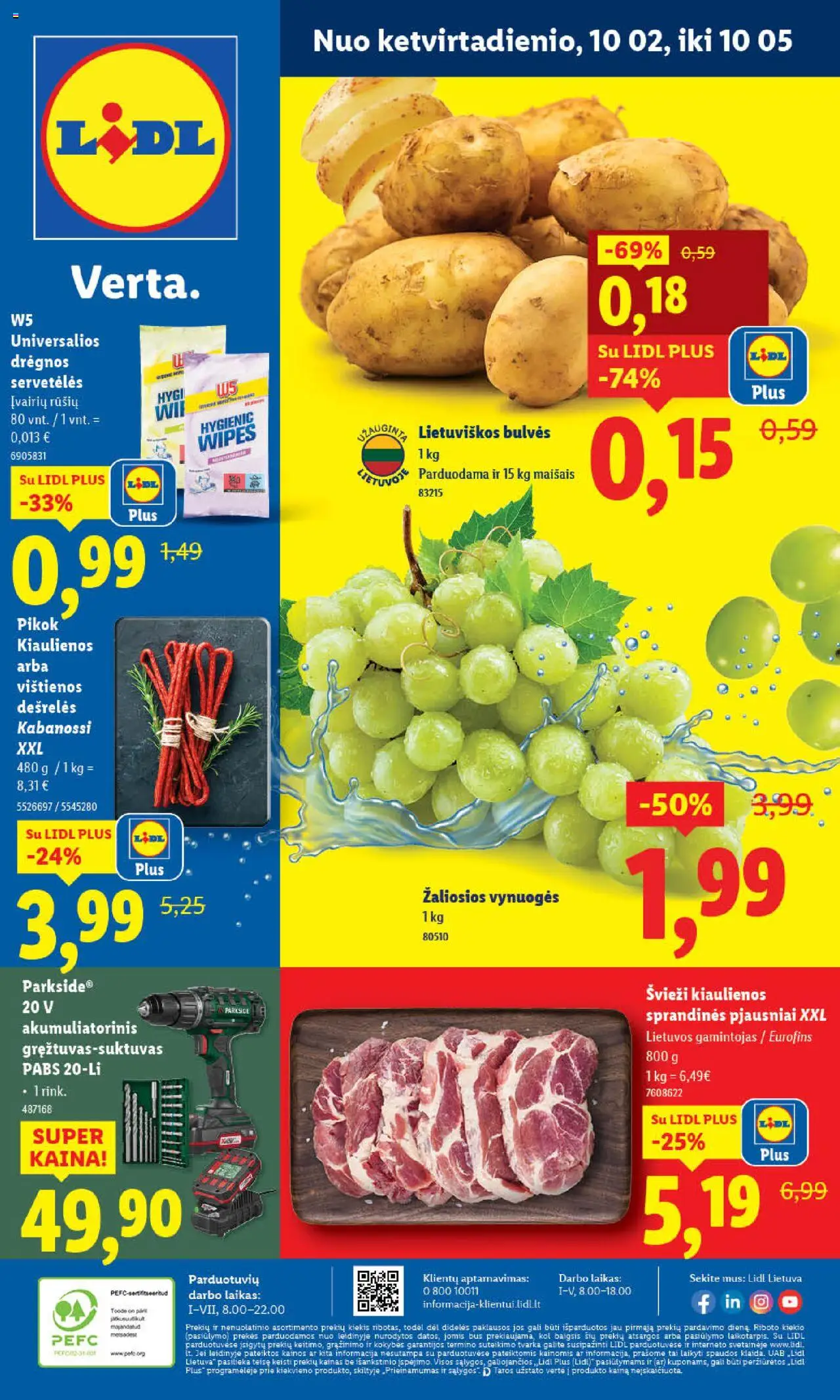 LIDL leidinys galioja nuo 2025.10.02 – puslapio numeris 1 - Bulvės, Vištienos, Vynuogės, Dešrelės, Kiaulienos