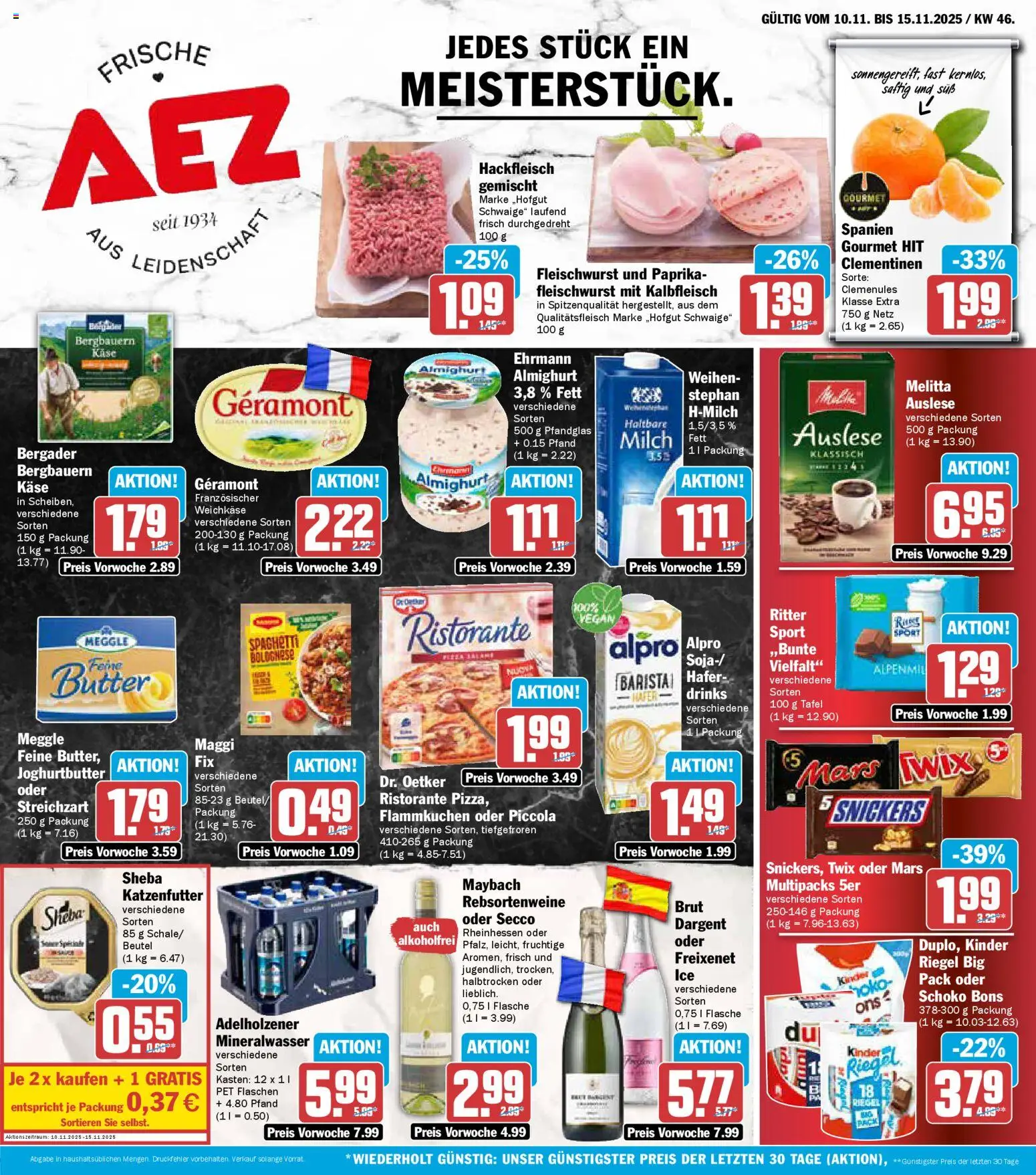 Vorschau von dem Prospekt des Geschäftes AEZ, gültig ab dem 10.11.2025 - Käse, Mineralwasser, Mars, Milch, Adelholzener, Twix, Freixenet, Sheba