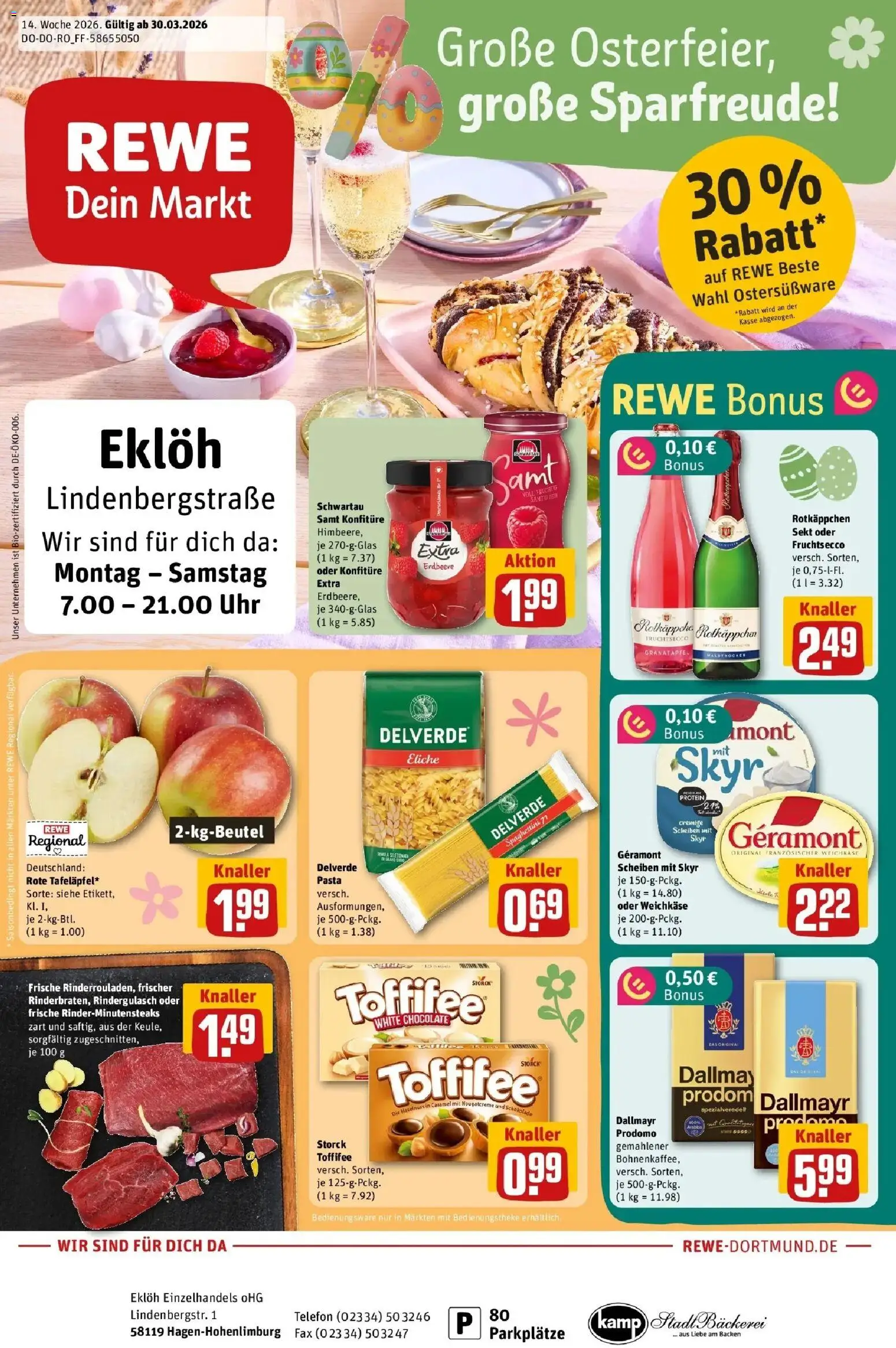 Vorschau von dem Prospekt des Geschäftes Rewe, gültig ab dem 30.03.2026 - Uhr, Schokolade, Granatapfel, Skyr, Toffifee, Sekt, Geramont, Schwartau samt