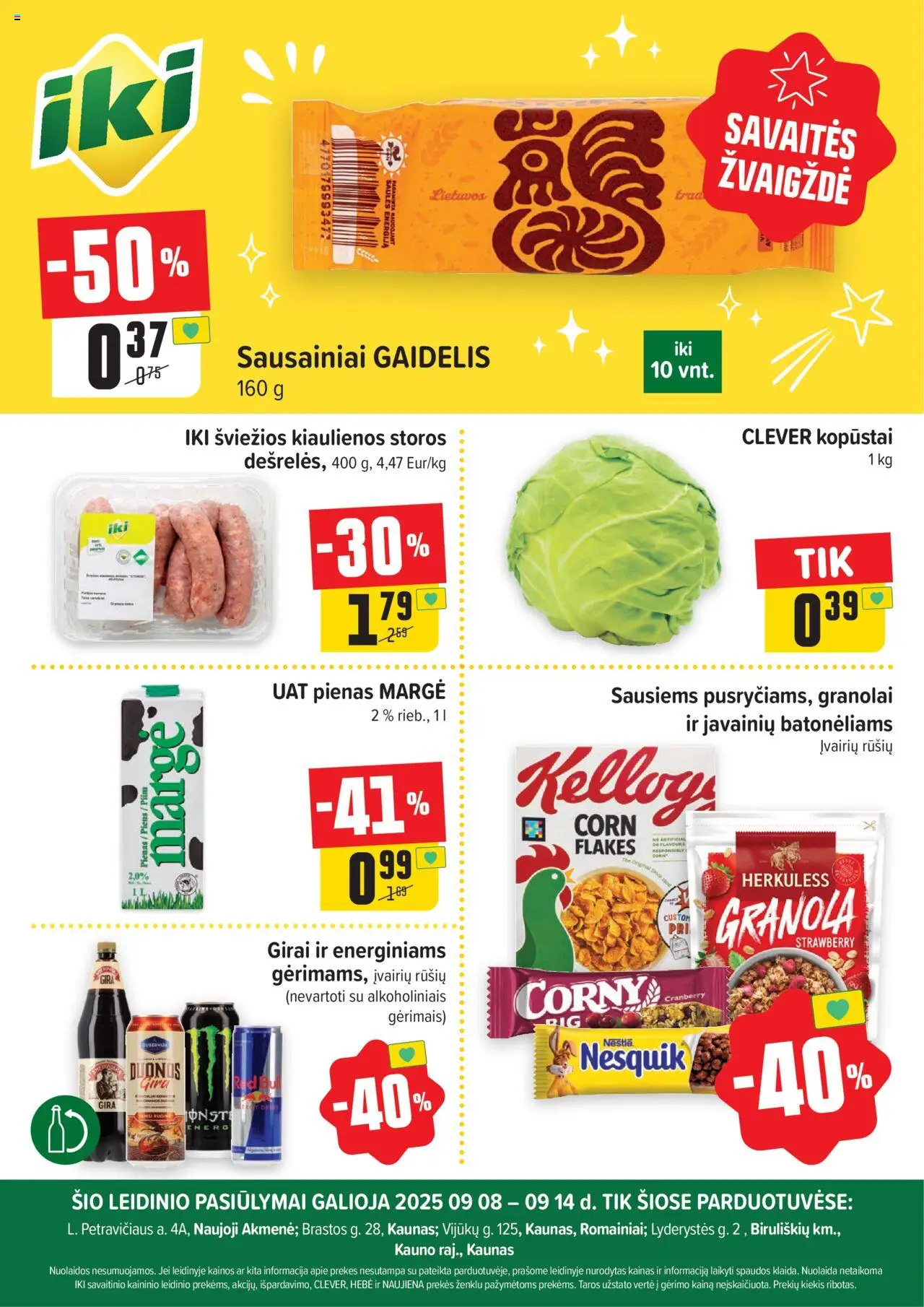 IKI leidinys galioja nuo 2025.09.08 – puslapio numeris 1 - Sausainiai, Pienas, Kopūstai, Kiaulienos