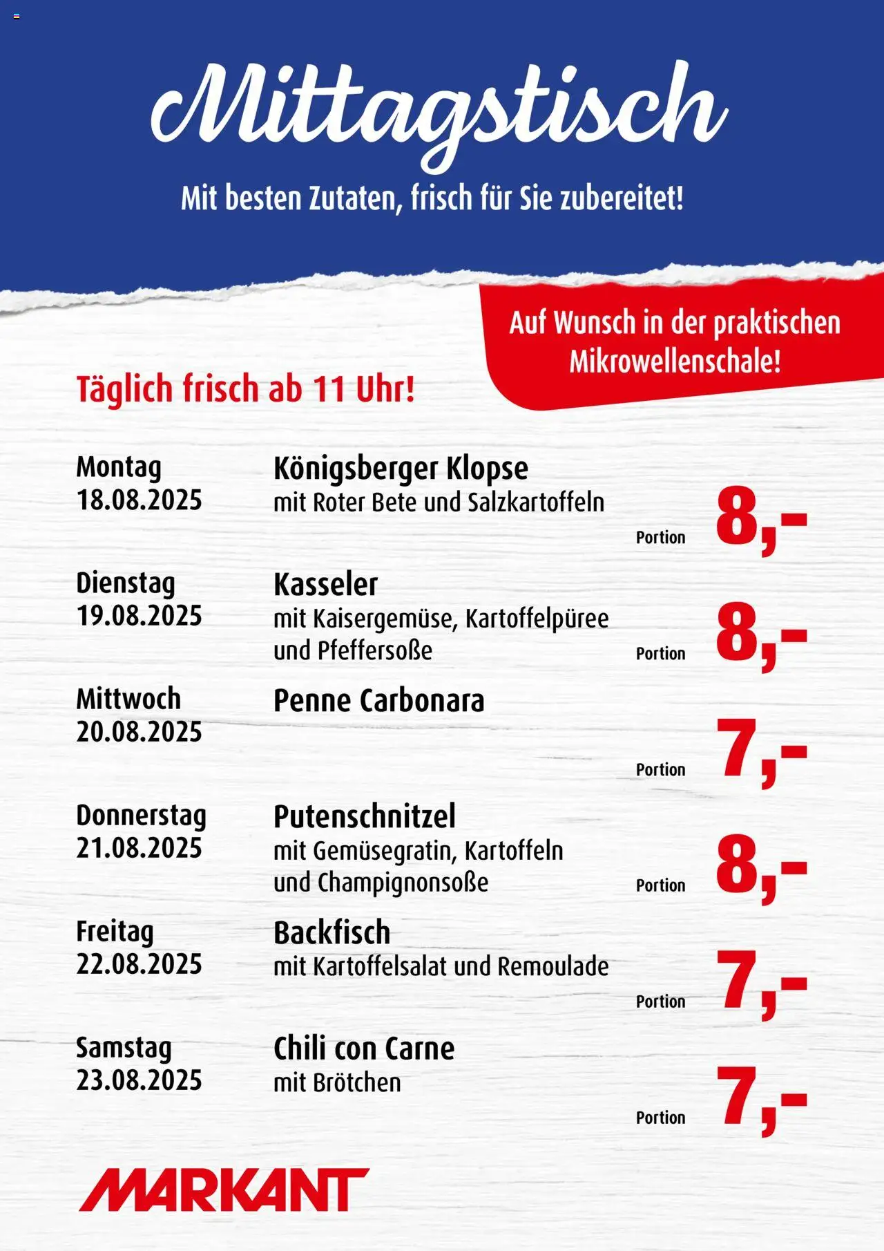 Markant Mittagstisch (vom 18.08.2025 - 23.08.2025) - Uhr, Chili, Kartoffeln, Putenschnitzel