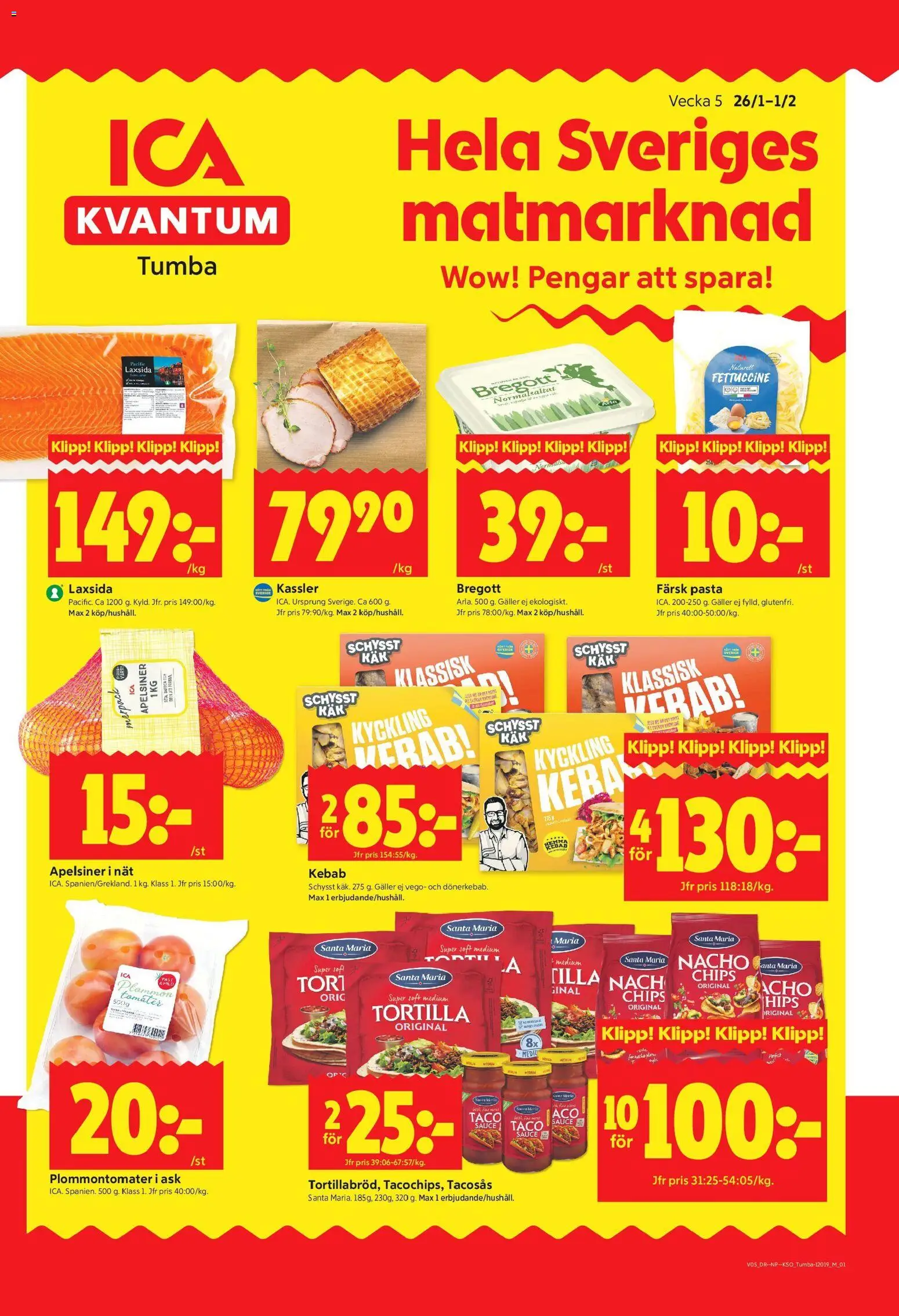 Förhandsgranska reklamblad Tumba från butik ICA Kvantum gäller från 26/01/2026 - Pasta, Chips, Bregott, Plommon, Galler, Tortilla, Tomater, Kyckling