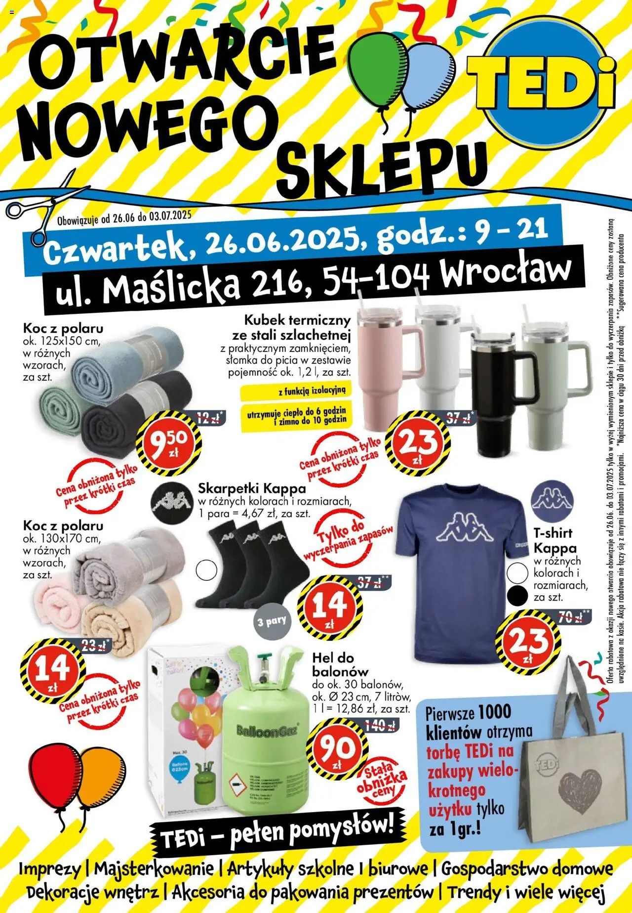 TEDi Wrocław od 26.06.2025 - Nowa Gazetka - Numer strony 1 - Kubek termiczny, Koc, Skarpetki, Kappa, Dekoracje, Artykuły szkolne