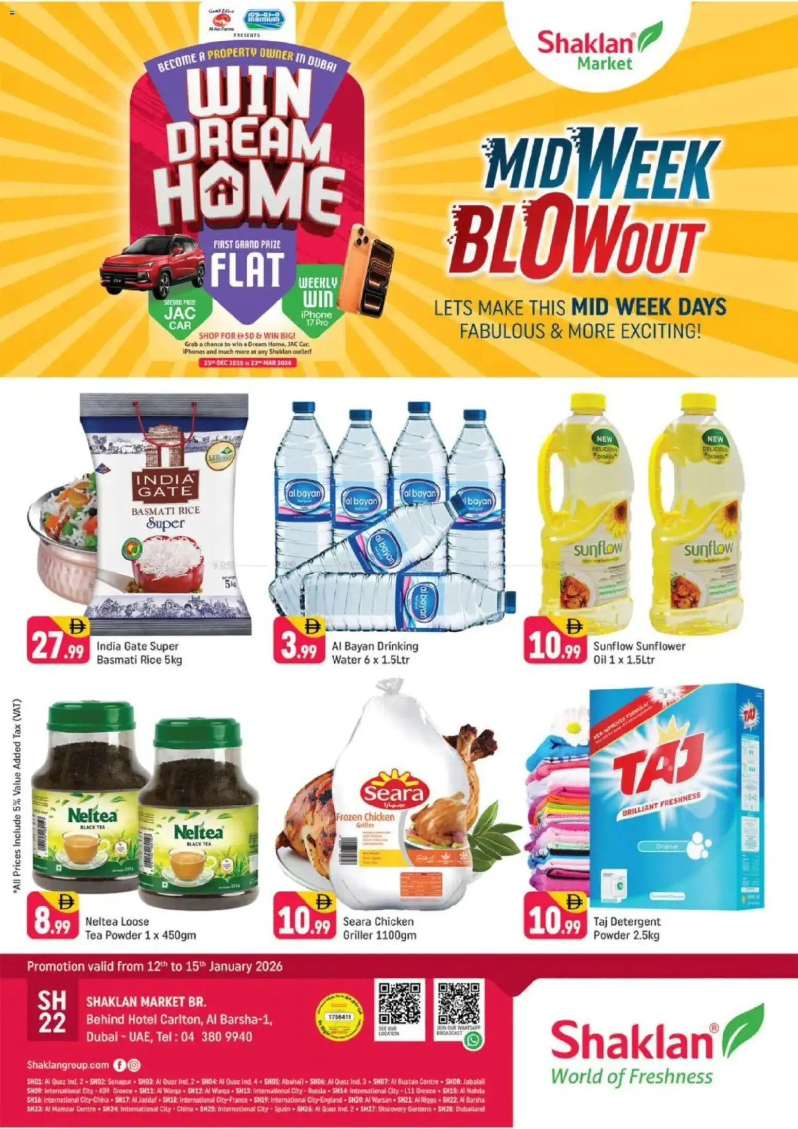 Preview of the catalogue Midweek Blow Out - Al Barsha 1, Dubai of store Shaklan valid from 12 Jan, 2026 - Chicken, Tea, Oil, Rice, Gate, Detergent, Powder, Griller