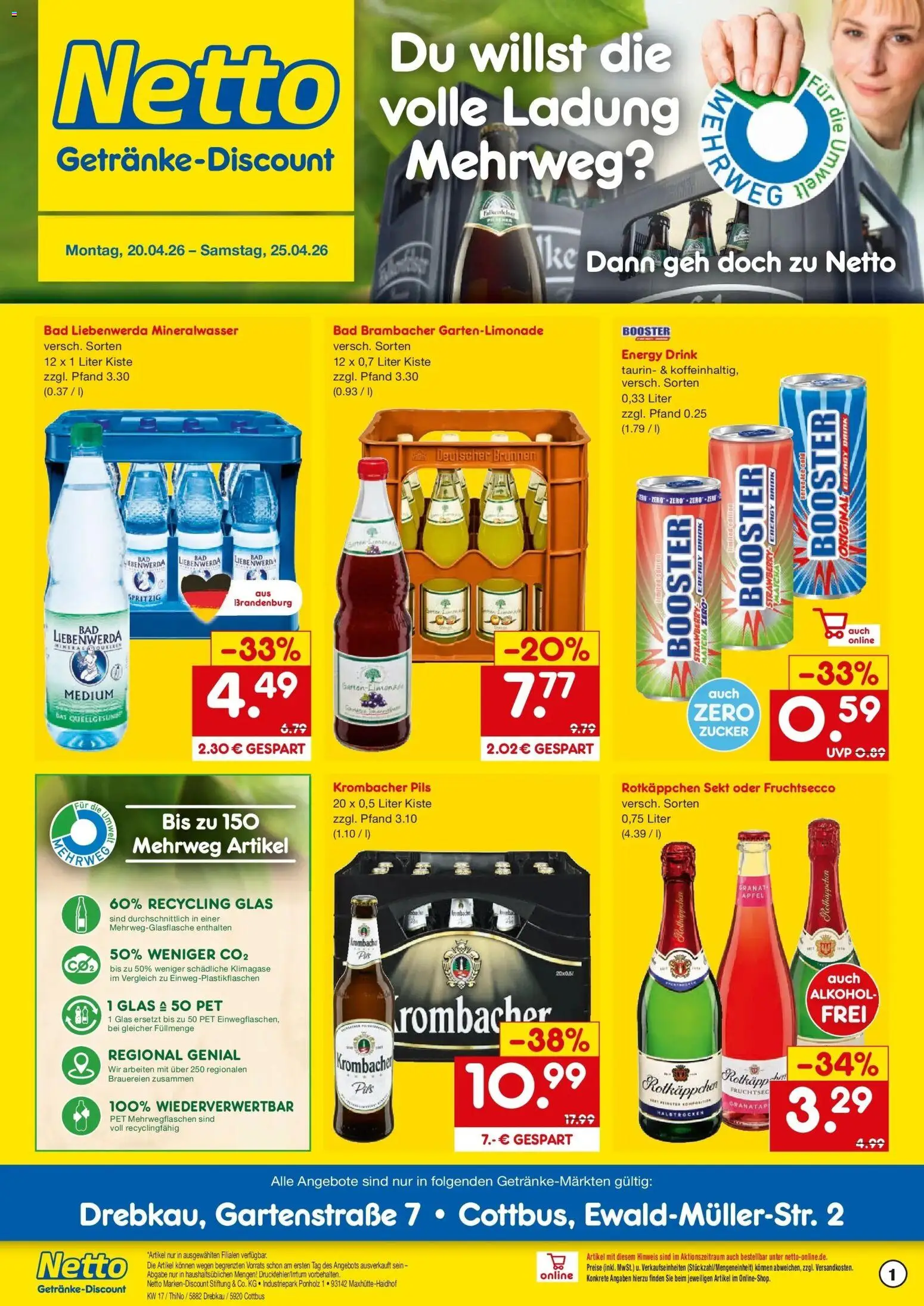 Vorschau von dem Prospekt des Geschäftes Netto Marken-Discount, gültig ab dem 20.04.2026 - Äpfel, Bad, Mineralwasser, Alkohol, Krombacher, Rotkäppchen, Pils, Rotkappchen sekt