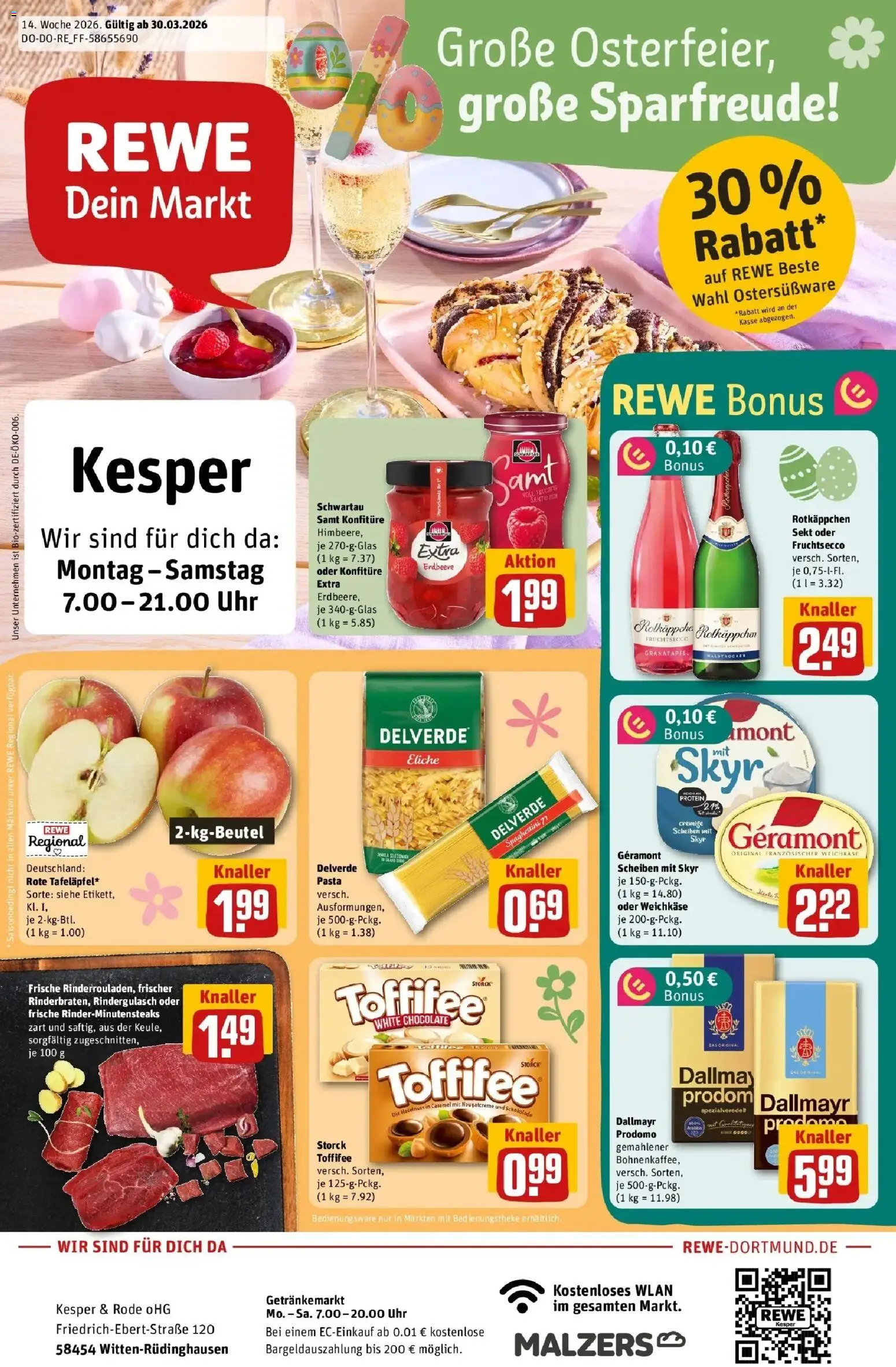 Vorschau von dem Prospekt des Geschäftes Rewe, gültig ab dem 30.03.2026 - Uhr, Schokolade, Granatapfel, Rotkäppchen, Dallmayr, Rindergulasch, Schwartau samt, Rotkappchen sekt