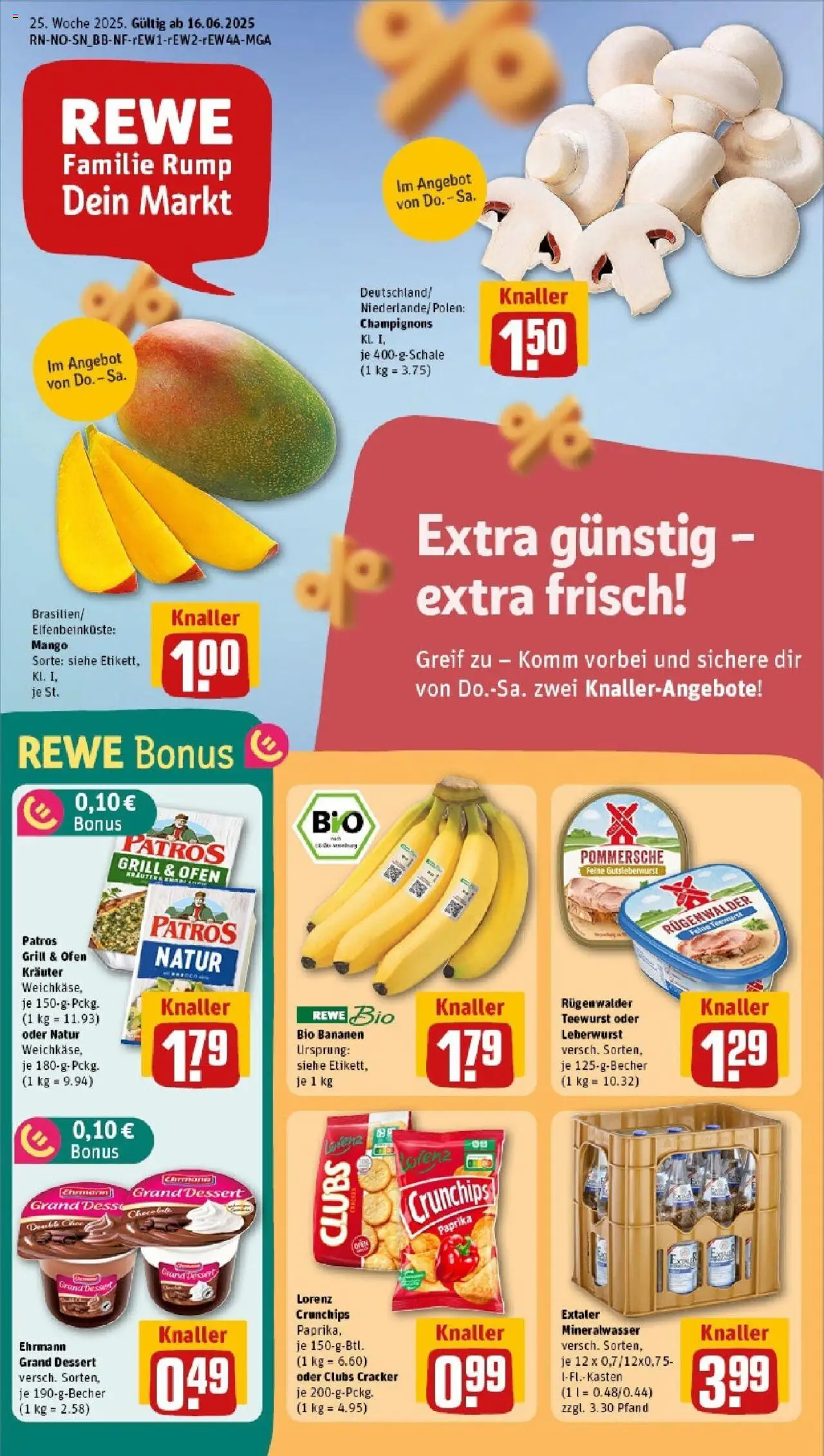 REWE Prospekt ab 15.06.2025 nächste Woche - Prospekt Bad Fallingbostel - Mango, Grill, Ofen, Champignons, Paprika, Patros, Ehrmann grand dessert, Lorenz crunchips