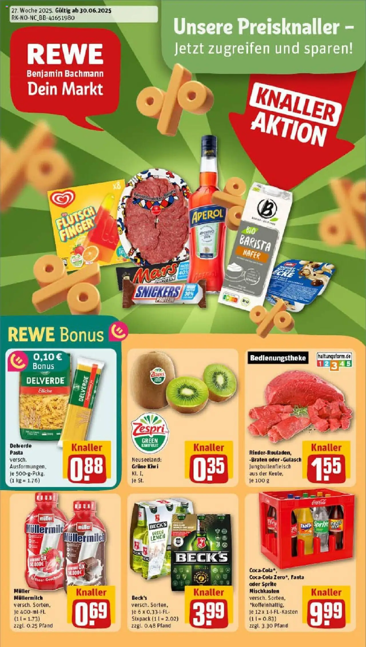 REWE Prospekt ab 29.06.2025 nächste Woche - Prospekt Lübeck - Pasta, Aperol, Gulasch, Kiwi, Snickers, Fanta, Müllermilch, Muller mullermilch