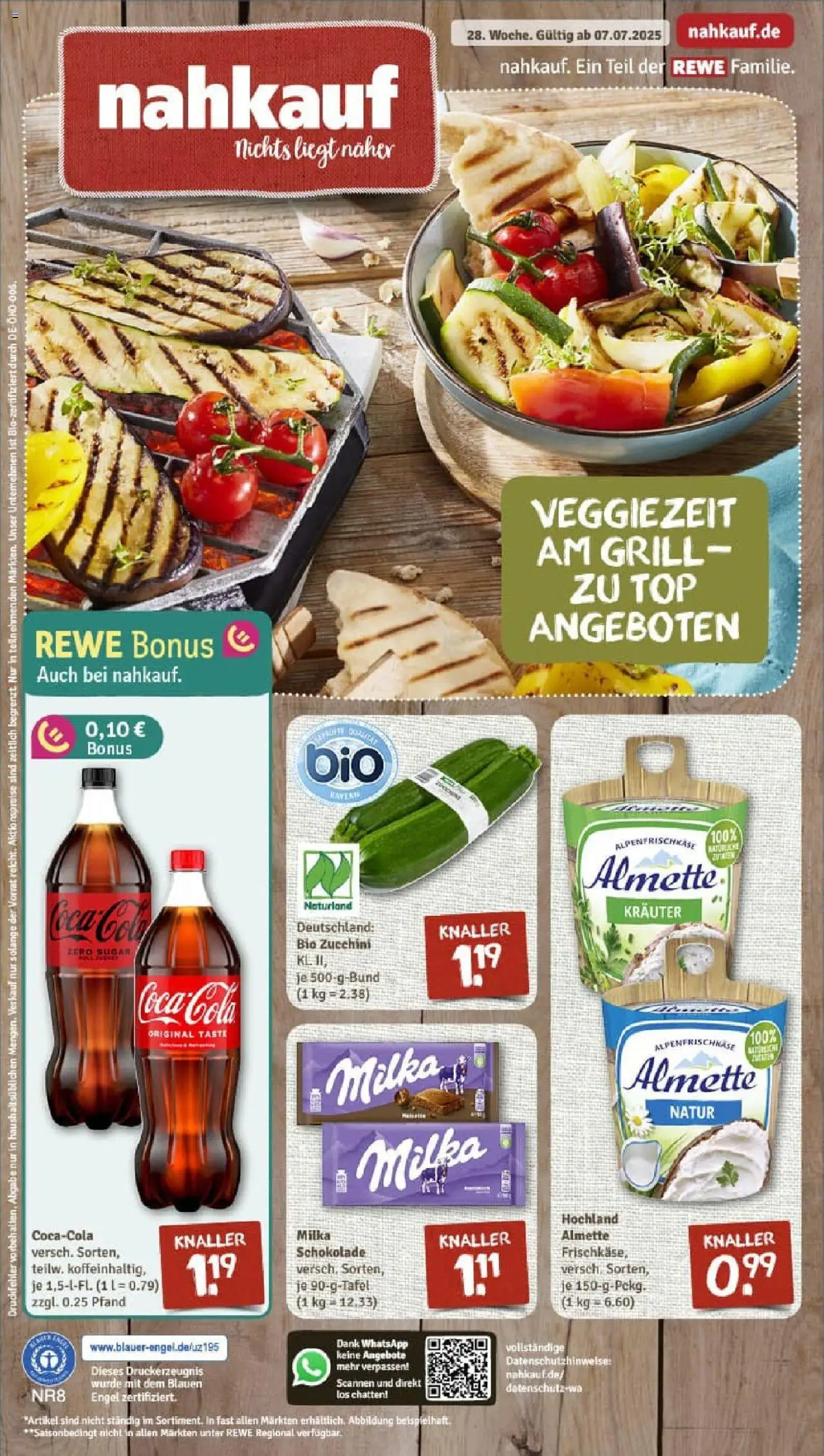 REWE Prospekt ab 06.07.2025 nächste Woche - Prospekt Bamberg - Schokolade, Coca cola, Zucchini, Grill, Cola, Milka schokolade, Milka, Almette