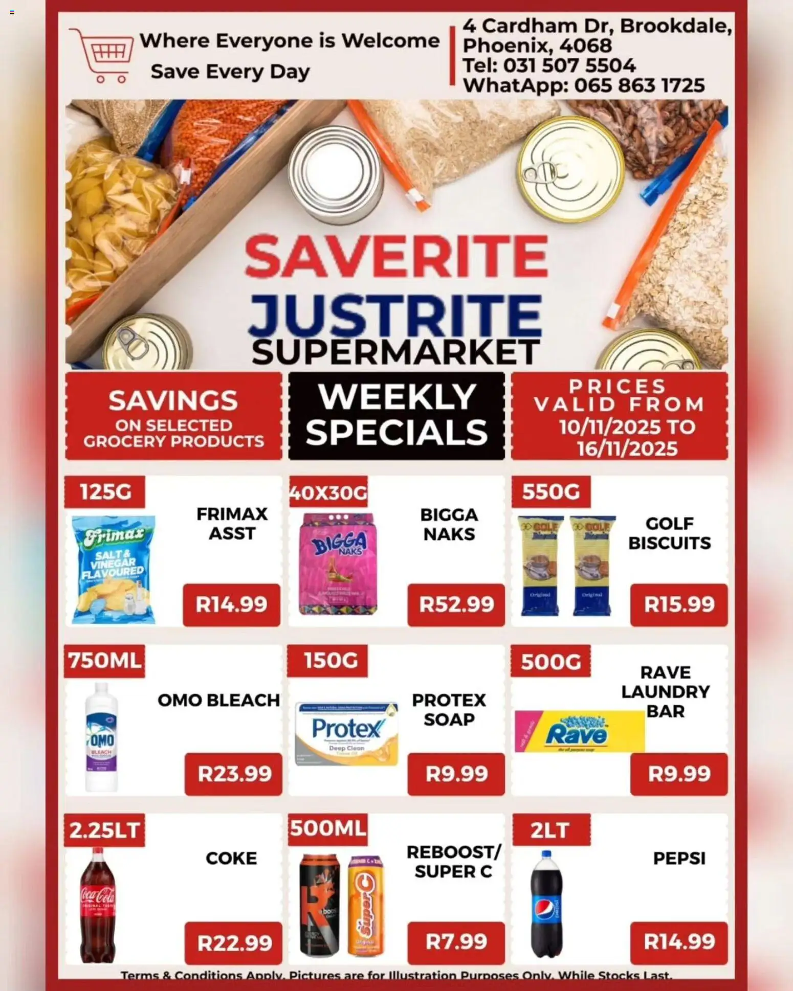 Preview of Saverite flyer valid from 10/11/2025 - Salt, Coke, Bleach, Biscuits, Soap, Vinegar