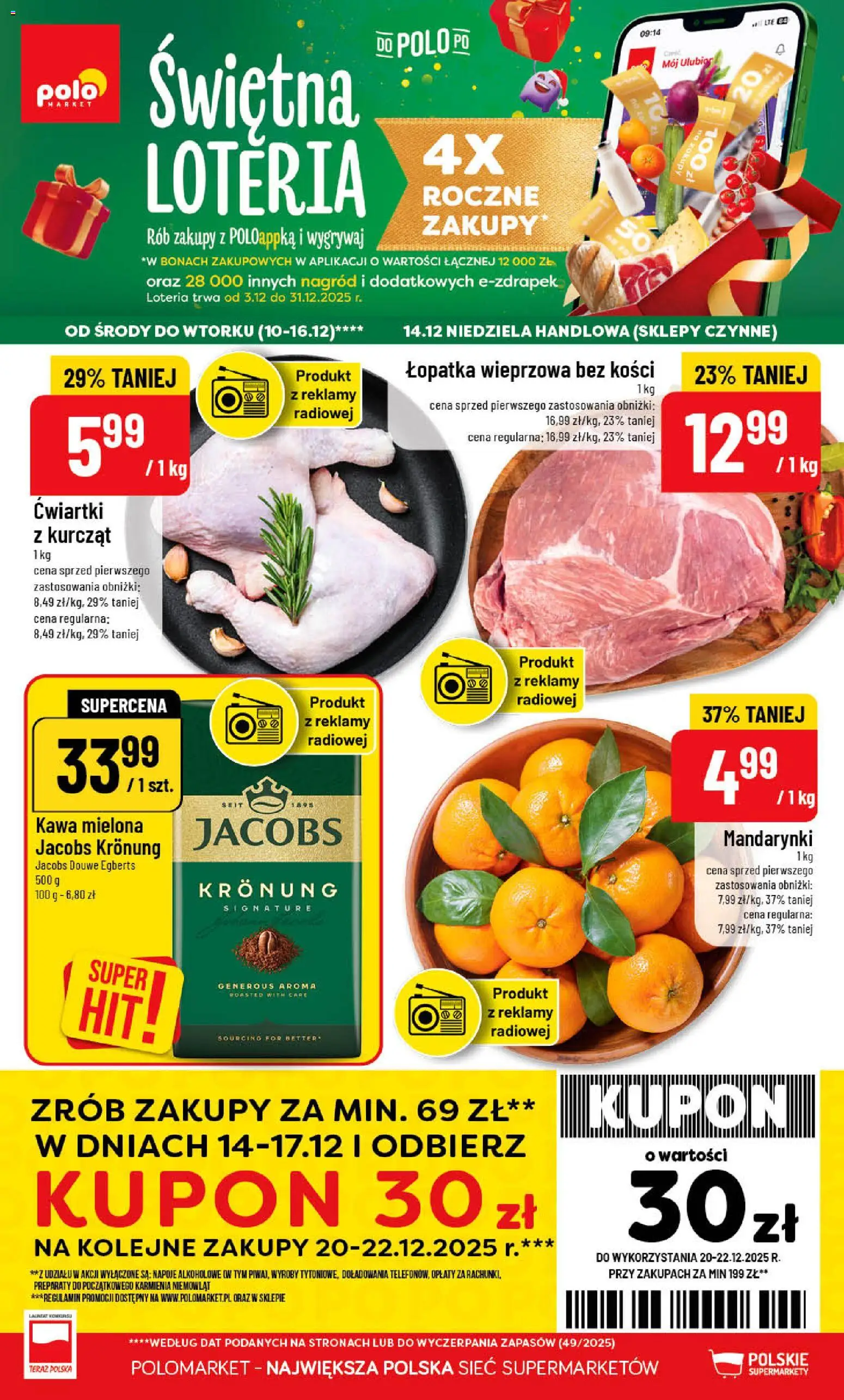 Pogląd gazetki "Gazetka" ze sklepu POLOmarket ważnej od 10.12.2025 - Kawa, Jacobs, Mandarynki, Łopatka wieprzowa, Kawa mielona, Napoje, Łopatka wieprzowa bez kości