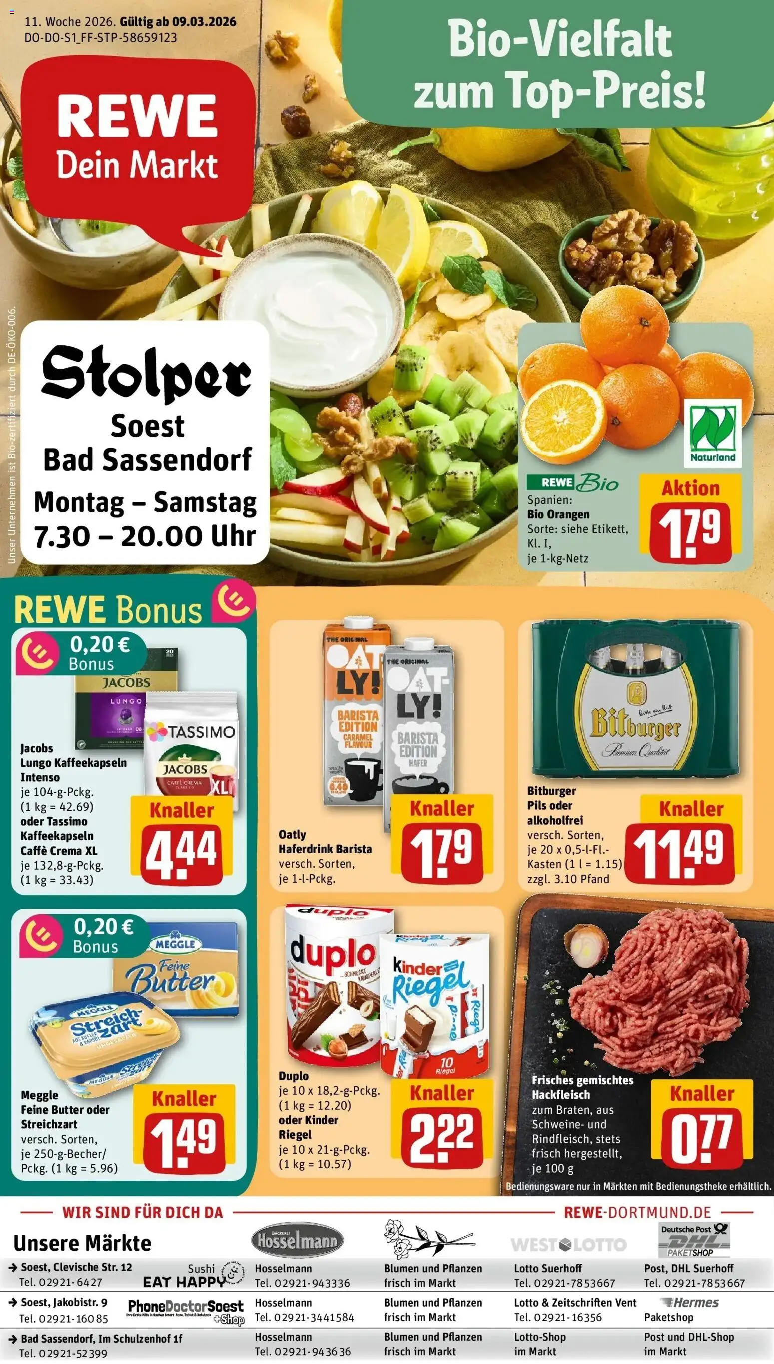 Vorschau von dem Prospekt des Geschäftes Rewe, gültig ab dem 09.03.2026 - Blumen, Uhr, Butter, Tassimo, Rapsöl, Oatly, Orangen, Pils