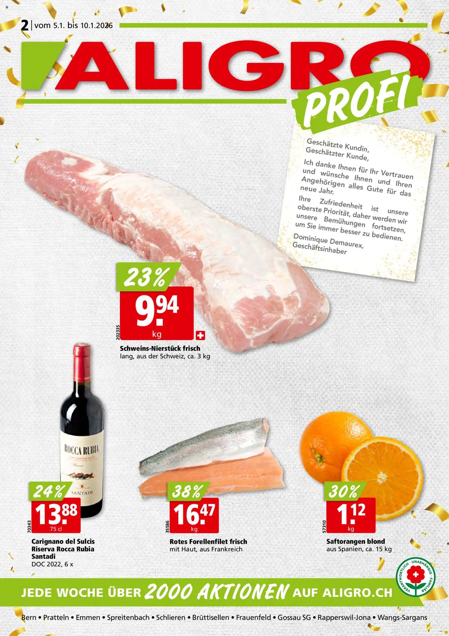 Vorschau des Merkblatts Aktionen Schlieren, Gossau SG, Frauenfeld, Rapperswil-Jona, Sargans, Bern, Brüttisellen, Pratteln, Emmen, Spreitenbach vom Shop Aligro gültig von 05.01.2026 bis 10.01.2026