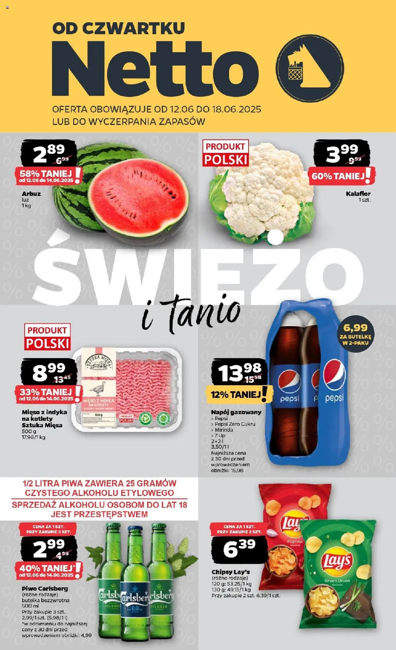 NETTO Gazetka spożywcza od 12.06.2025 - Nowa ulotka (PFD) - Numer strony 1 - Piwo, Arbuz, Piwo Carlsberg, Mięso, Pepsi, Potato chips, Carlsberg, Pepsi Zero