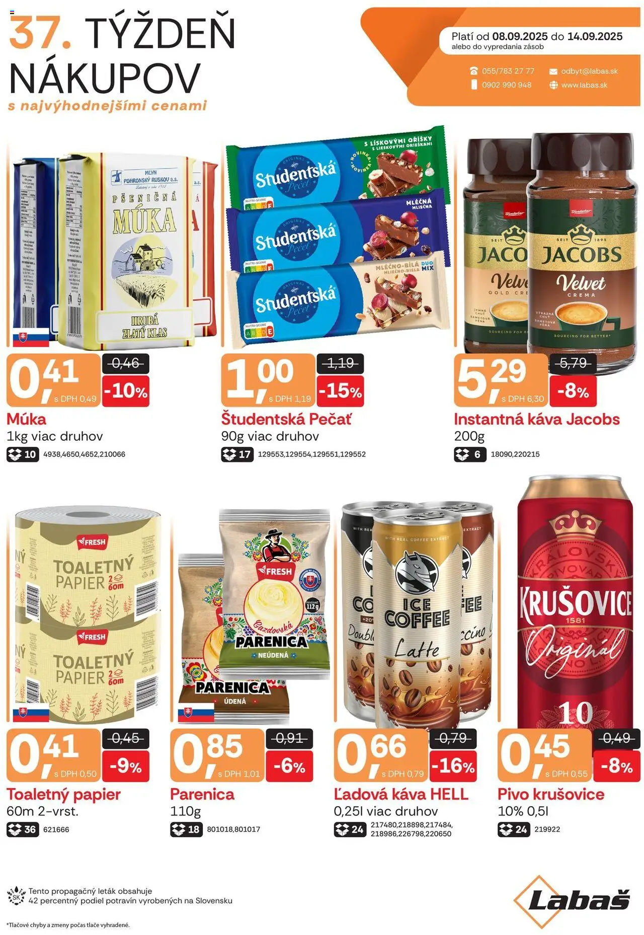 Labaš Leták (08.09. - 14.09.2025) - Akčná ponuka - Káva, Pivo, Toaletný papier, Krušovice, Instantná káva, Pena, Múka, Zlatý klas