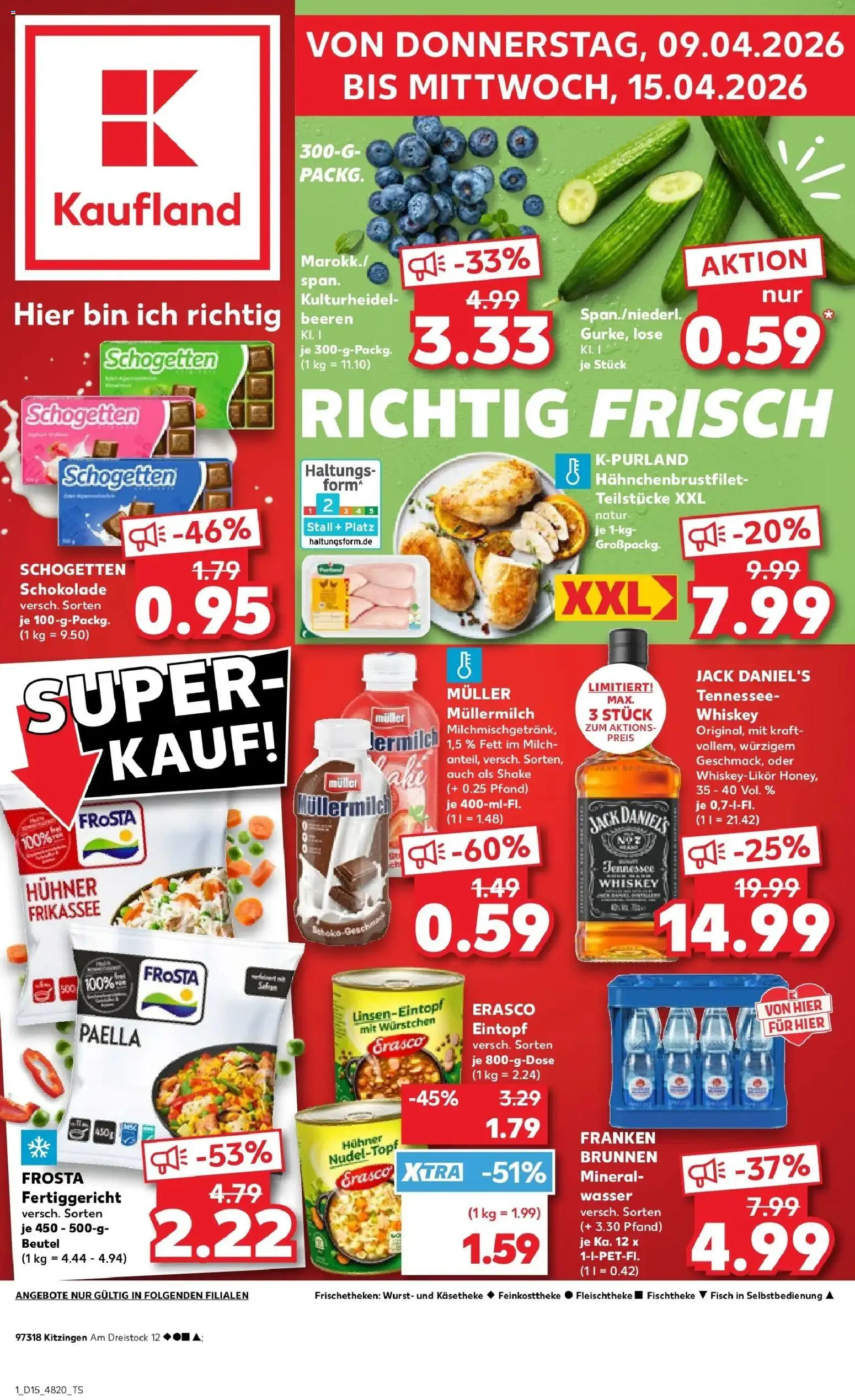 Vorschau von dem Prospekt des Geschäftes Kaufland, gültig ab dem 08.04.2026 - Wasser, Schokolade, Mineralwasser, Frosta, Müllermilch, Jack Daniel's, Erasco, Muller mullermilch
