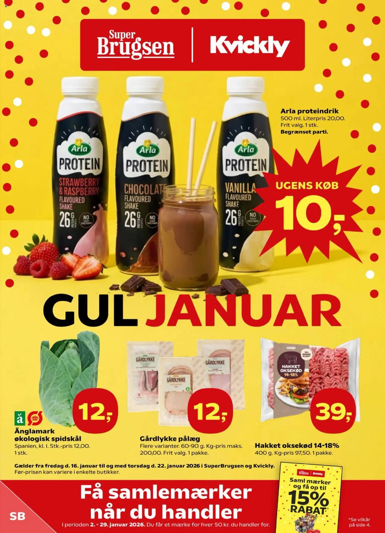 Eksempel på tilbudsavis Tilbudsavis fra butik Super Brugsen gyldig fra 16/01/2026 - Pålæg, Spidskål, Oksekød, Proteindrik