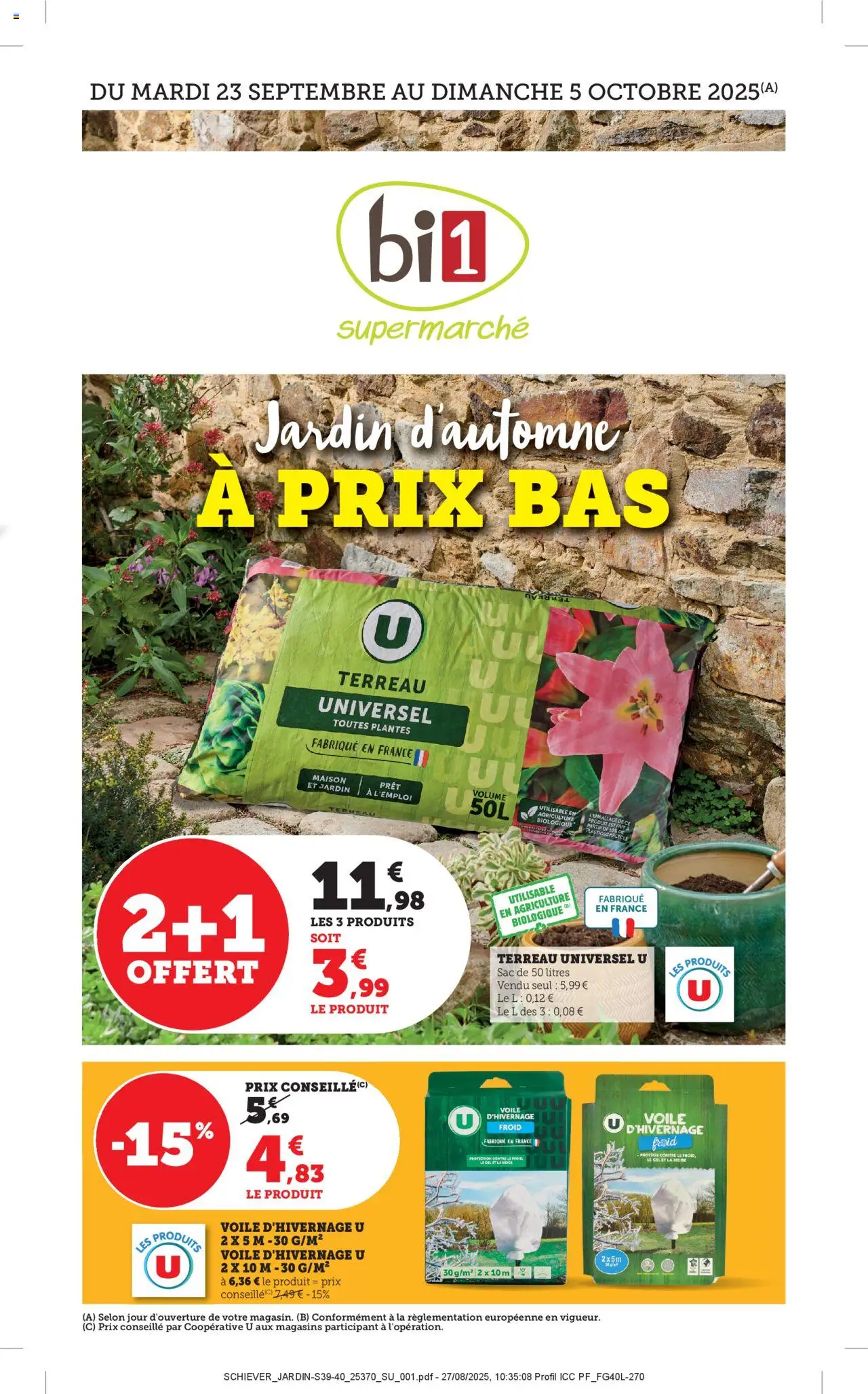 Catalogue à prix bas de la boutique bi1 valable du 22/09/2025 - Page numéro 1 - Sac, Plantes, Terreau, Terreau Universel, Voile d'hivernage