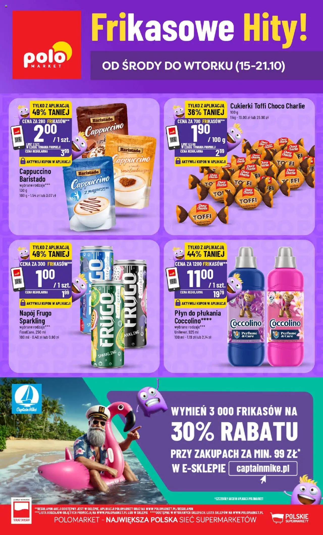 Pogląd gazetki "Frikasowe Hity" ze sklepu POLOmarket ważnej od 15.10.2025 - Promocja, Cappuccino, Płyn do płukania, Cukierki, Coccolino