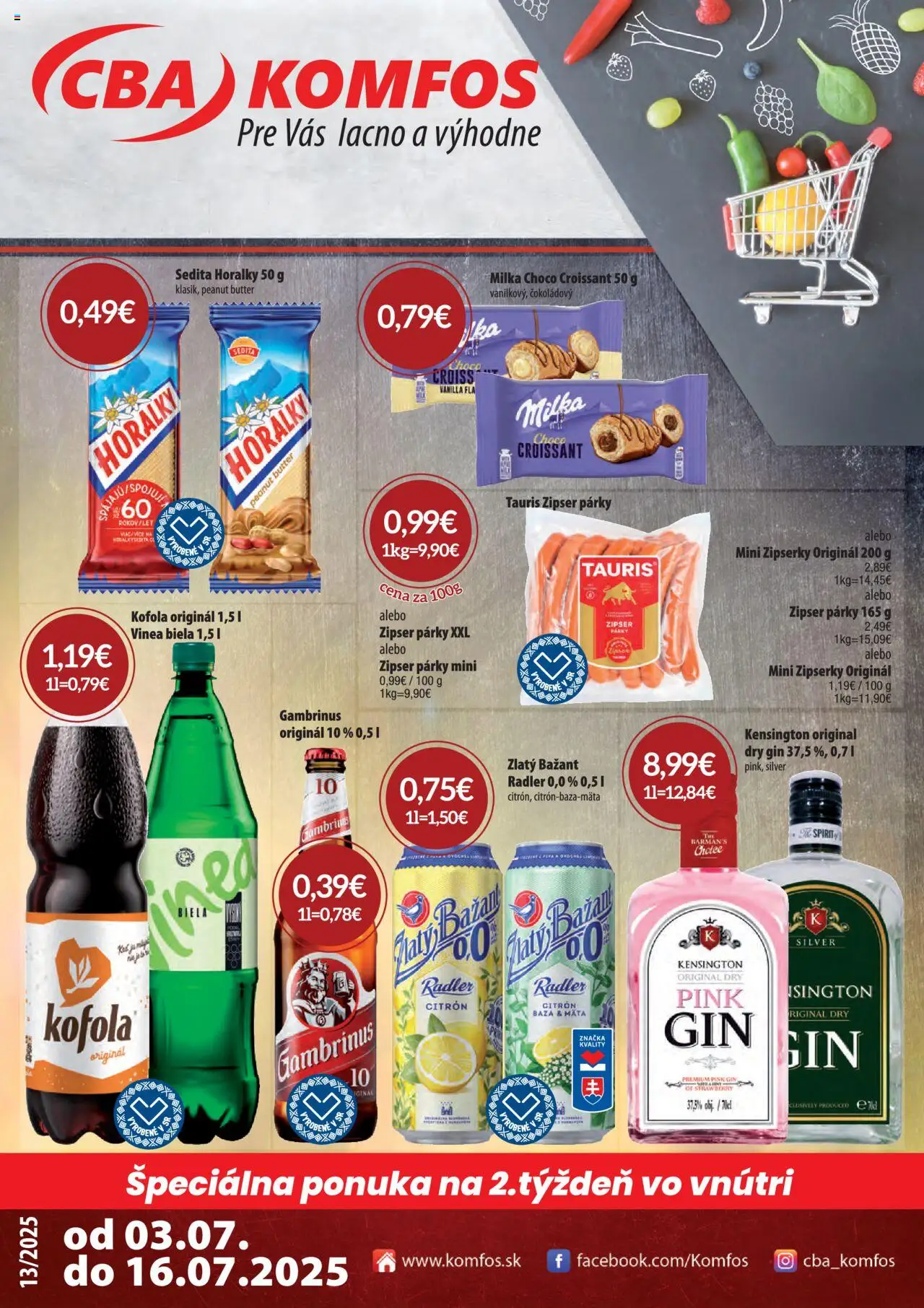 CBA Komfos Leták (03.07. - 16.07.2025) - Akčná ponuka - Kofola, Gin, Croissant, Párky, Vinea, Gambrinus, Zlatý Bažant, Horálky
