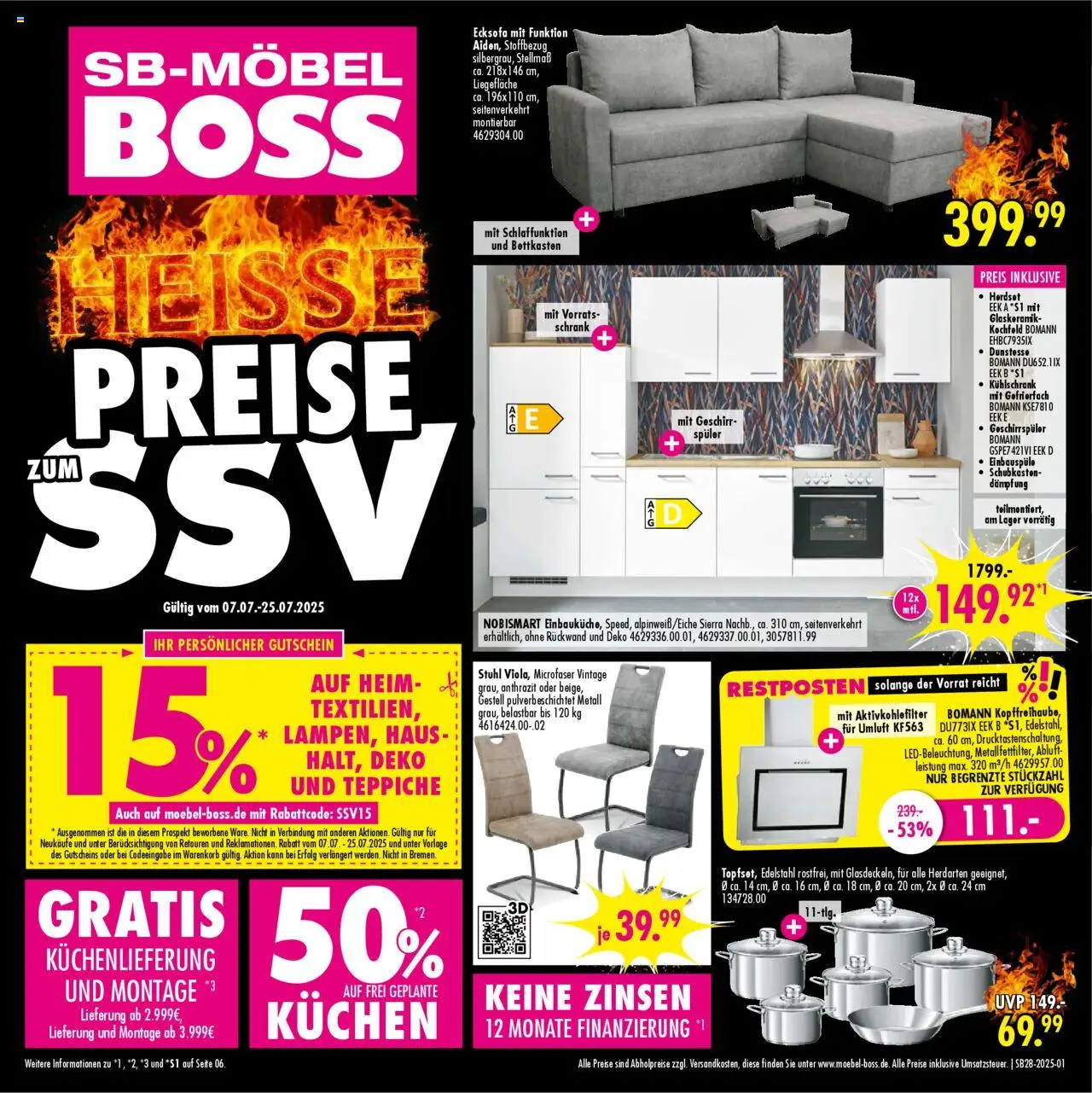 SB Möbel Boss Prospekt (vom 07.07.2025 - 25.07.2025) - Kühlschrank, Kuchen, Geschirrspüler, Ecksofa, Schrank, Stuhl, Kochfeld