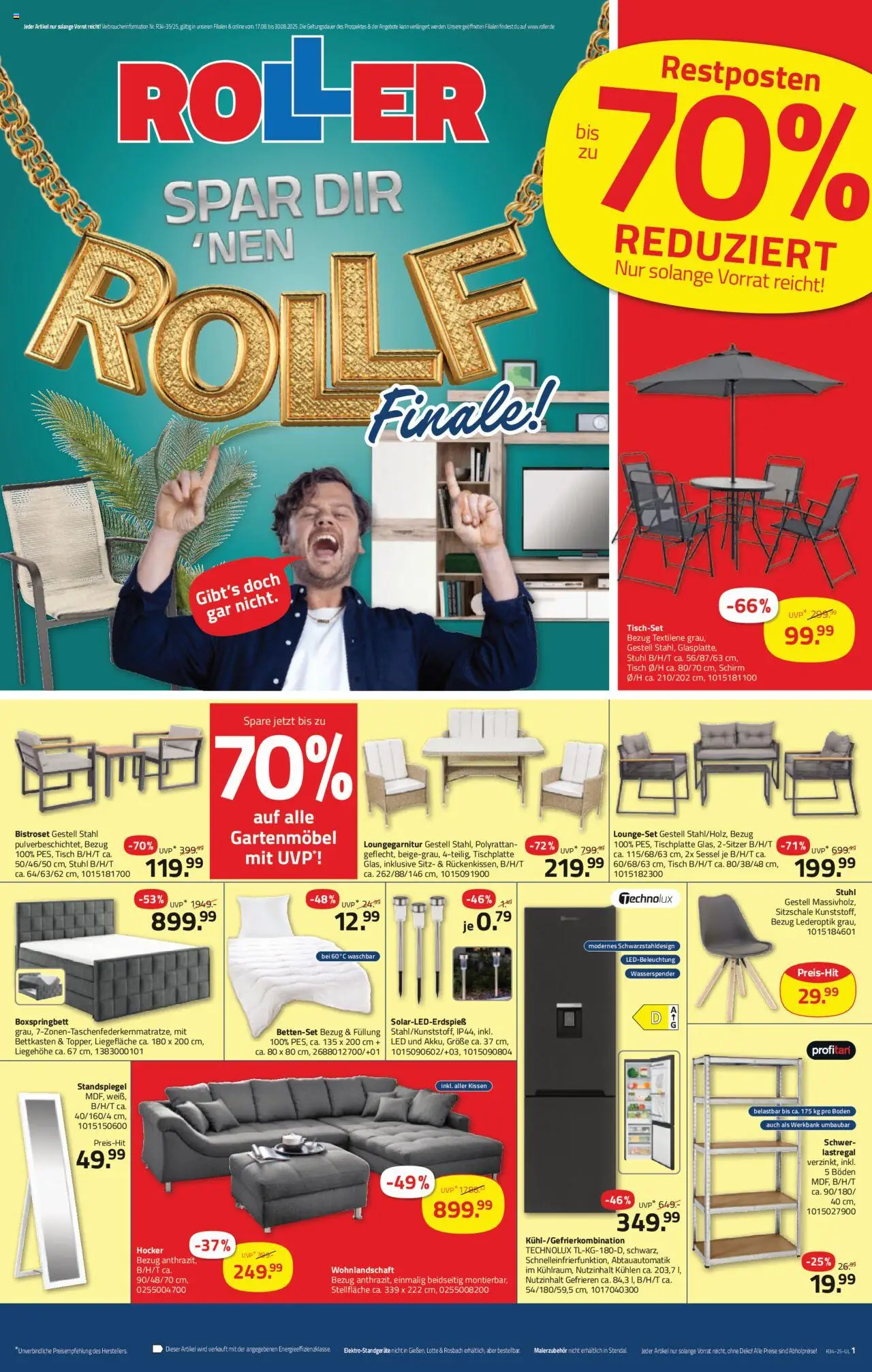 Roller Prospekt (vom 17.08.2025 - 30.08.2025) - Boxspringbett, Gartenmöbel, Sessel, Kissen, Stuhl, Wohnlandschaft, Tisch, Bettenset