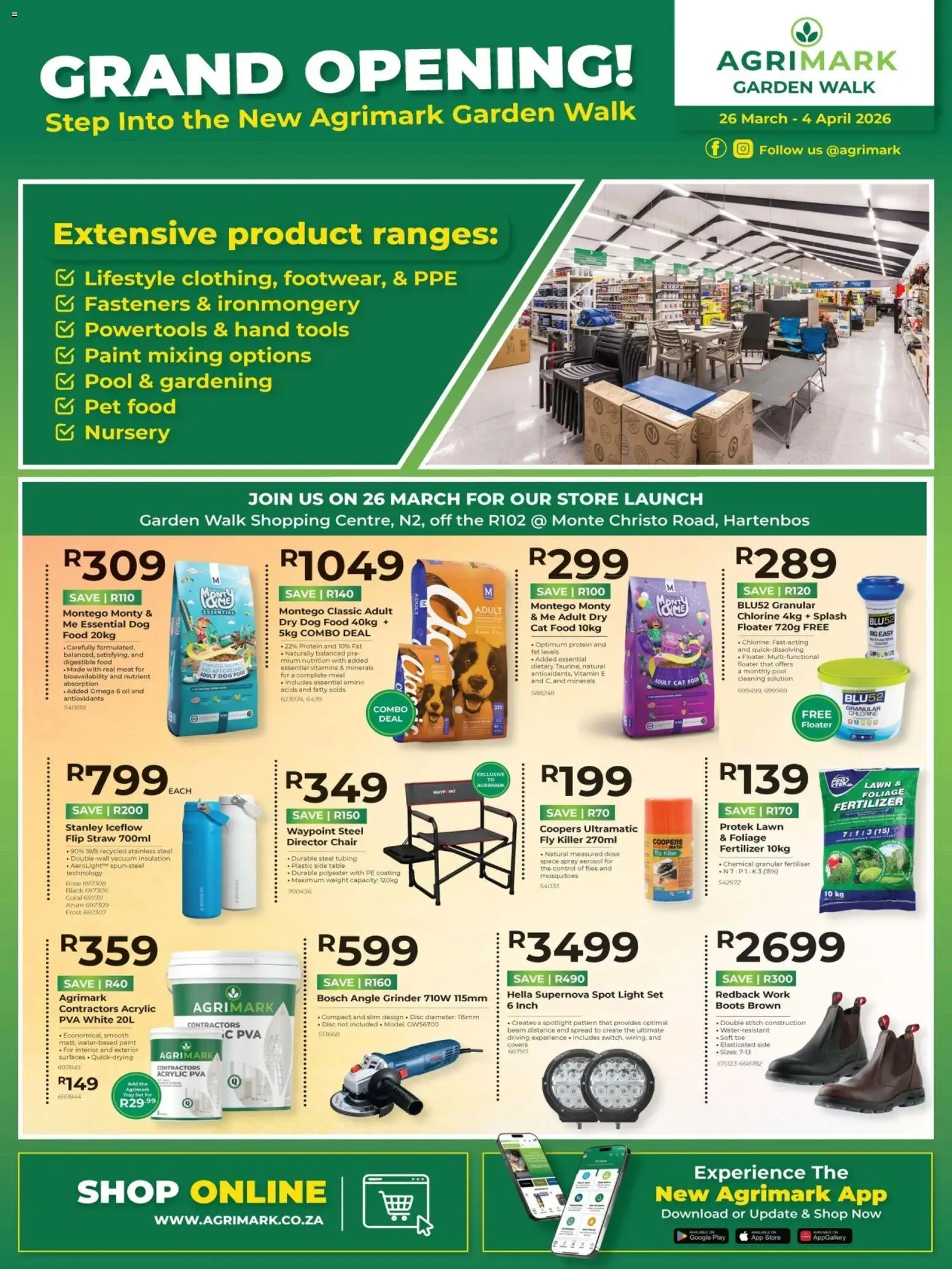 Preview of Agrimark flyer valid from 26/03/2026 - Side table, Chair, Light, Dog food, Vitamins, Tray, Spread, Pet food