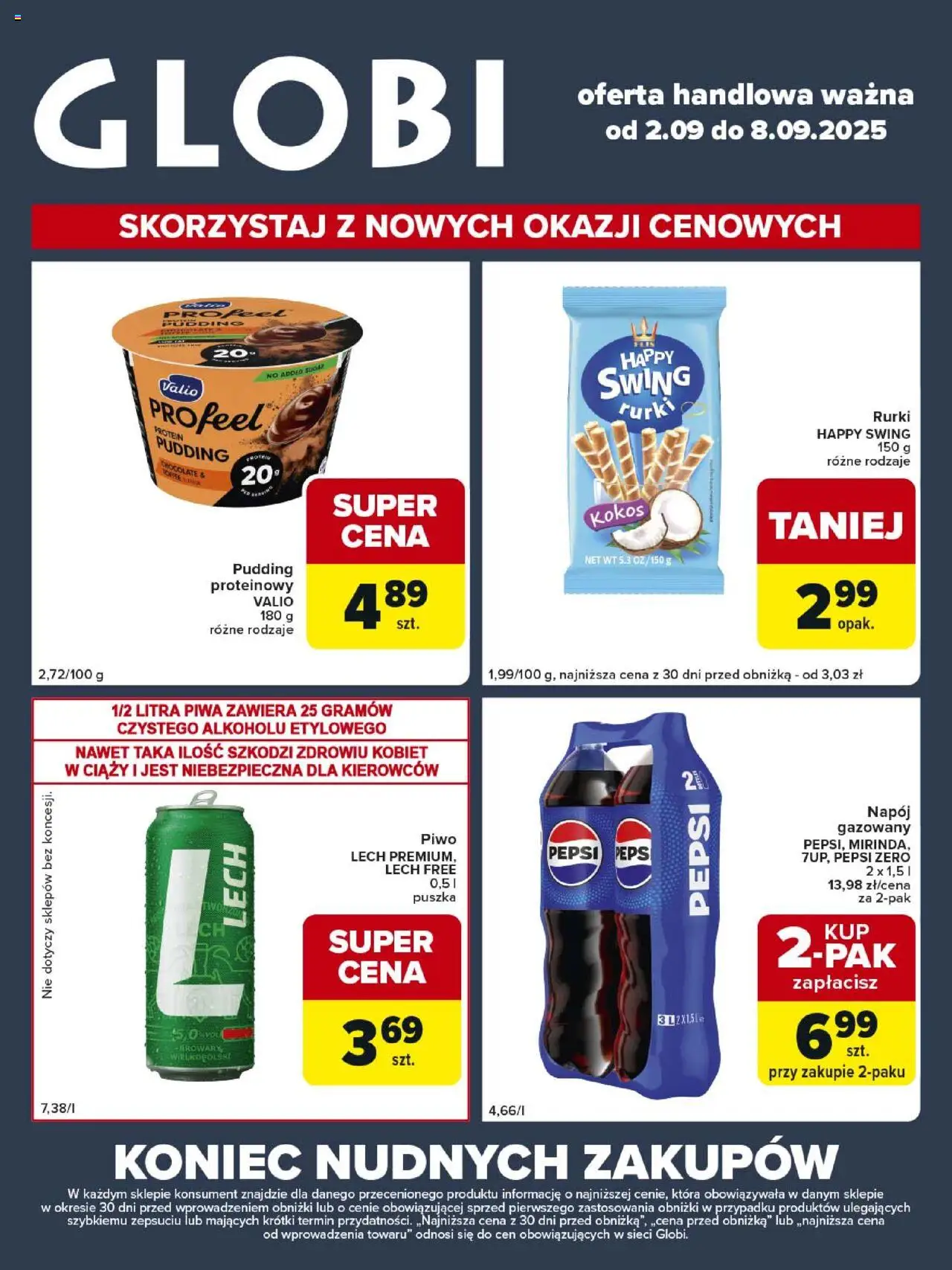 Carrefour Globi od 02.09.2025 - Nowa Gazetka - Numer strony 1 - Lech, Piwo, Pepsi, Kokos, Pepsi Zero, Valio, Protein pudding