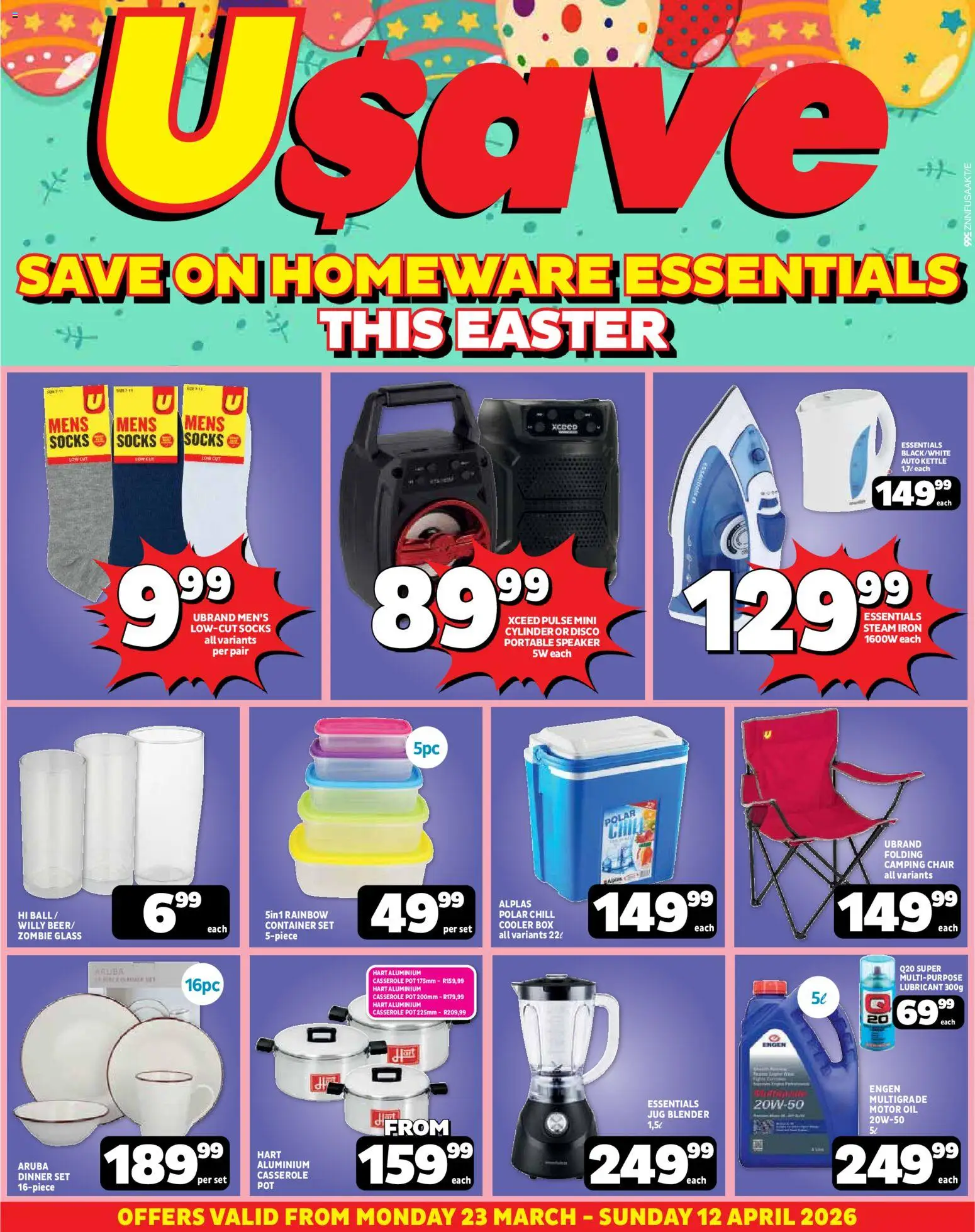 Preview of Usave flyer valid from 23/03/2026 - Kettle, Iron, Speaker, Chair, Box, Oil, Socks, Cooler