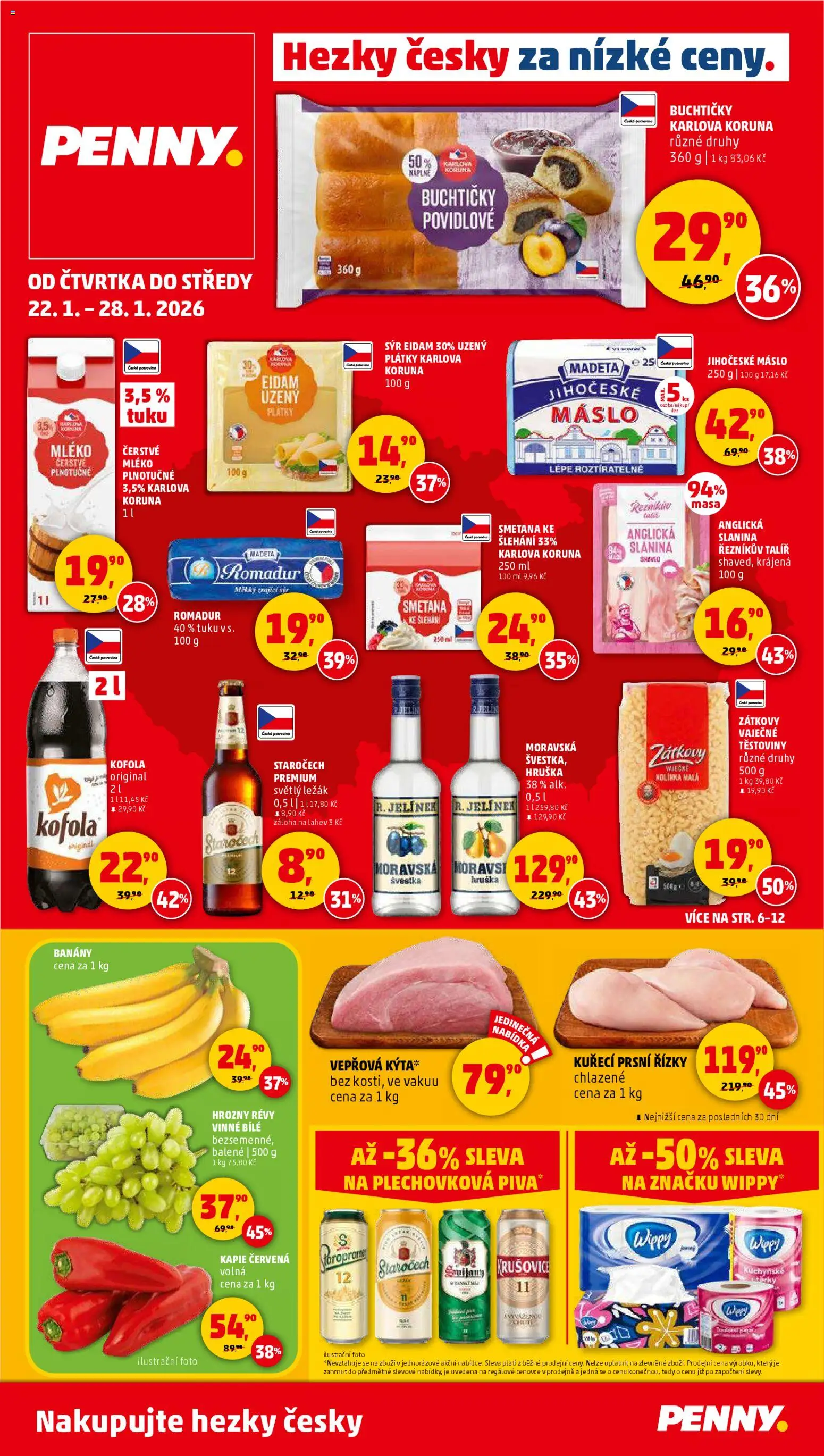Náhled nabídky: Penny Market Čtvrtečník platný od 22.01.2026 - Máslo, Těstoviny, Jelínek, Romadur, Slanina, Láhev, Banány, Jihočeské máslo