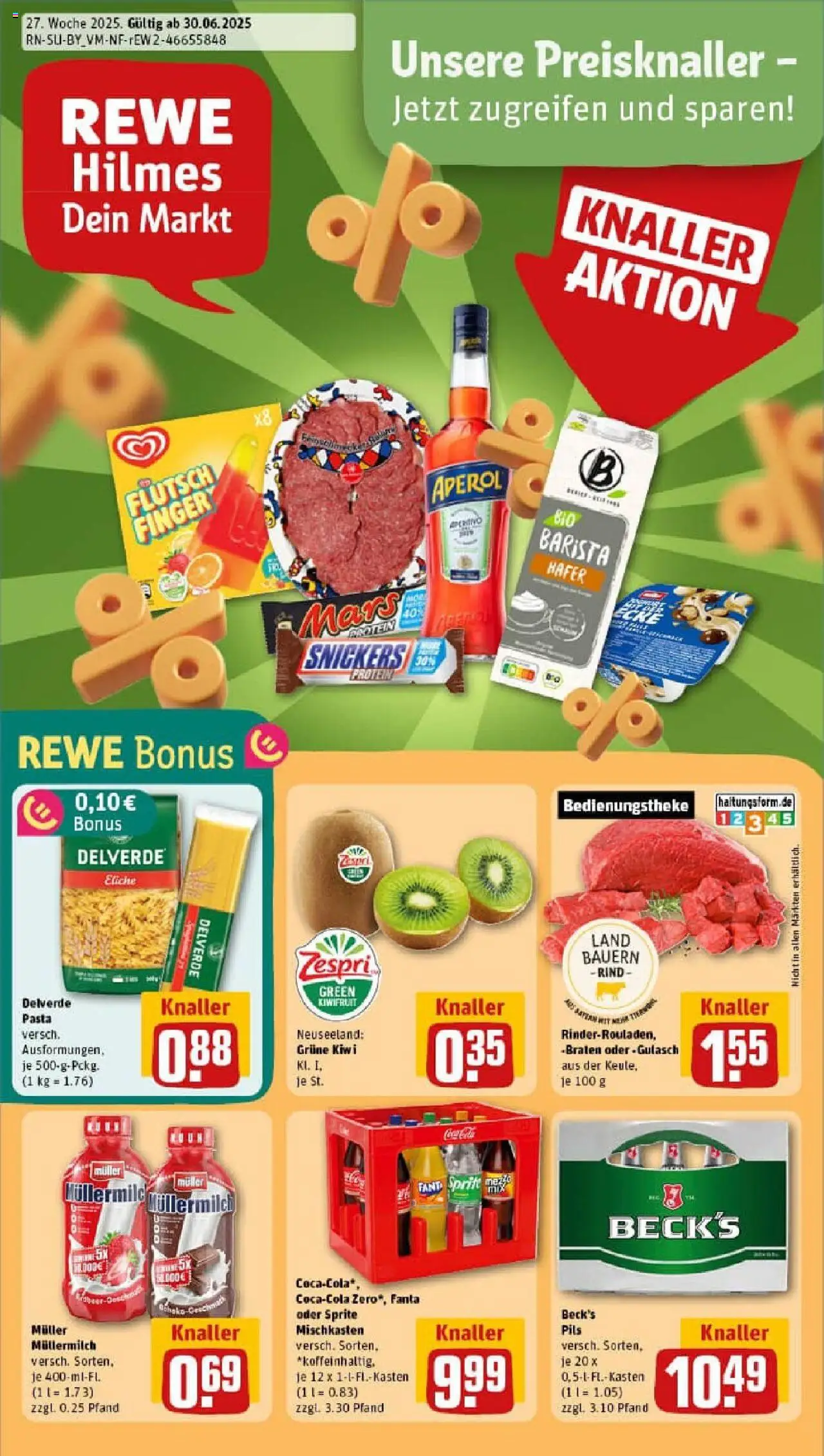 REWE Prospekt ab 29.06.2025 nächste Woche - Prospekt Hausham - Eis, Pasta, Aperol, Gulasch, Kiwi, Mars, Pils, Muller mullermilch