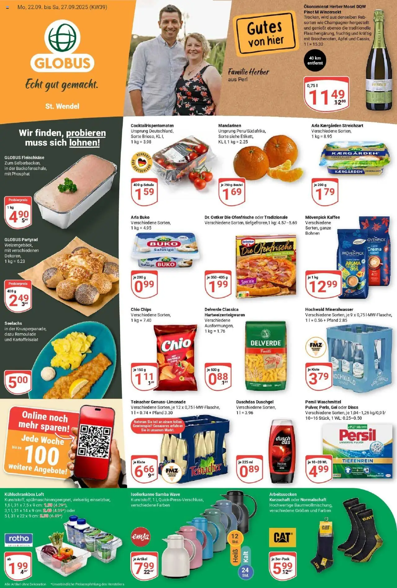Globus Prospekt ab Montag 21.09.2025 > Prospekt St. Wendel - Kaffee, Chips, Mineralwasser, Waschmittel, Duschgel, Ofenfrische, Arla buko, Movenpick kaffee