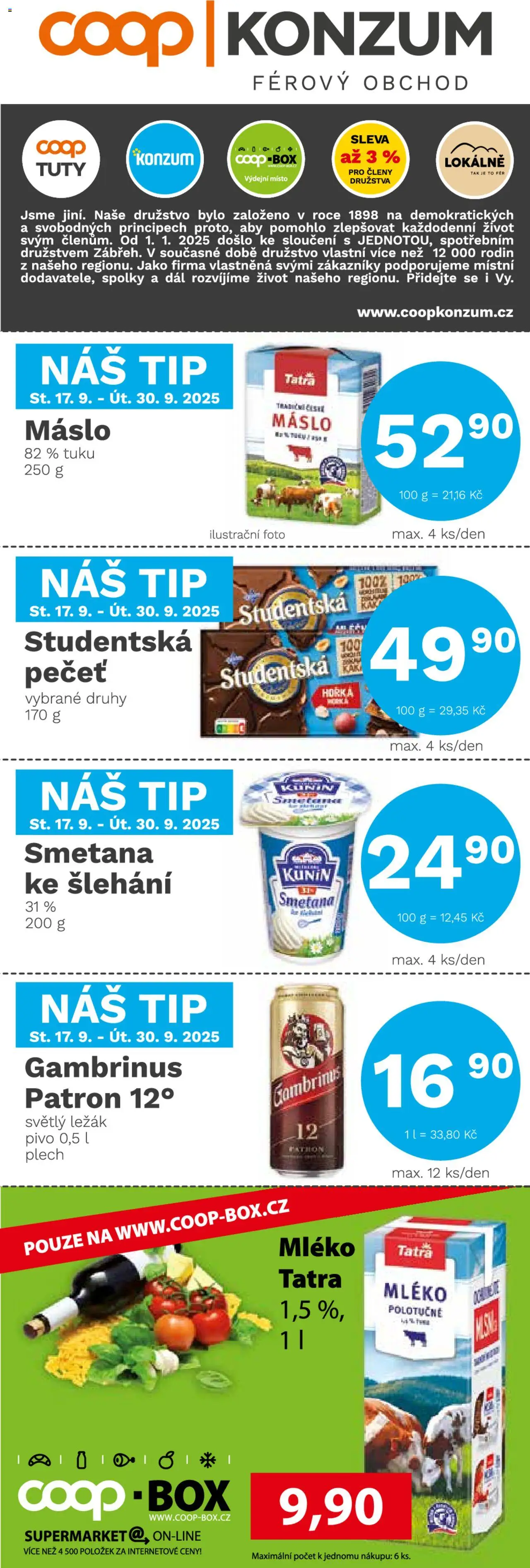 Náhled nabídky: Konzum Leták platný od 17.09.2025 - Máslo, Pivo, Box, Smetana, Studentská pečeť, Gambrinus, Plech, Mléko polotučné