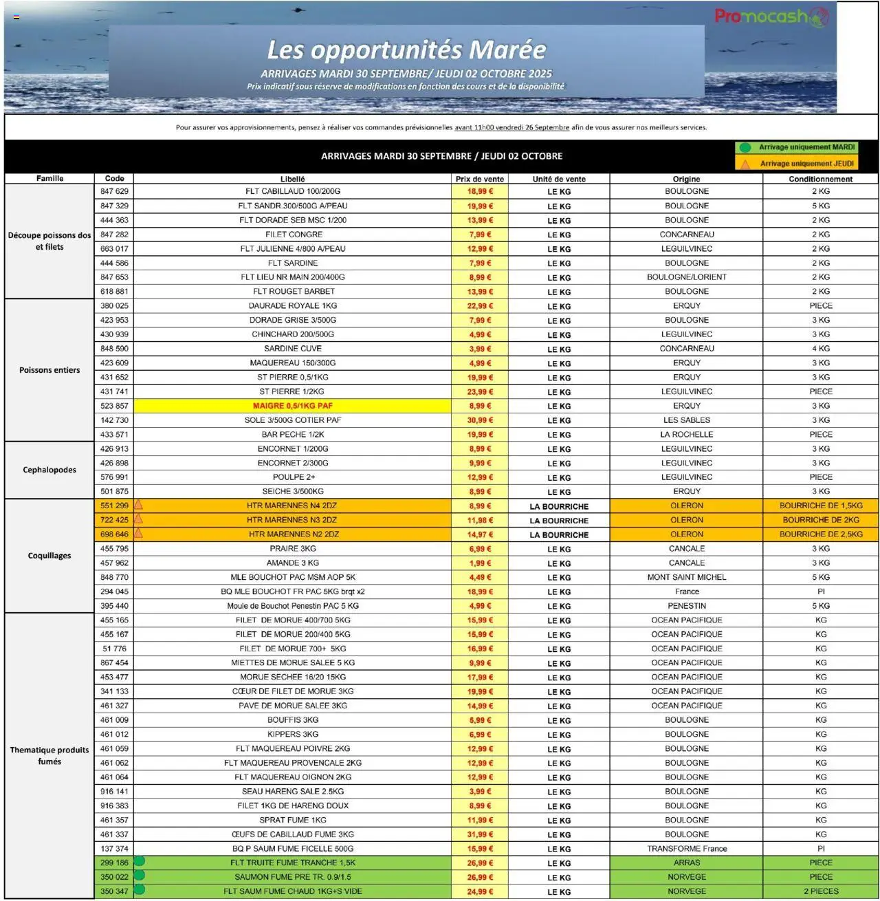 Les opportunités Marée de la boutique Promocash valable du 30/09/2025 - Page numéro 1 - Poissons, Saumon, Amande, Oignon, Sardine, Truite, Saumon fumé, Coquillages