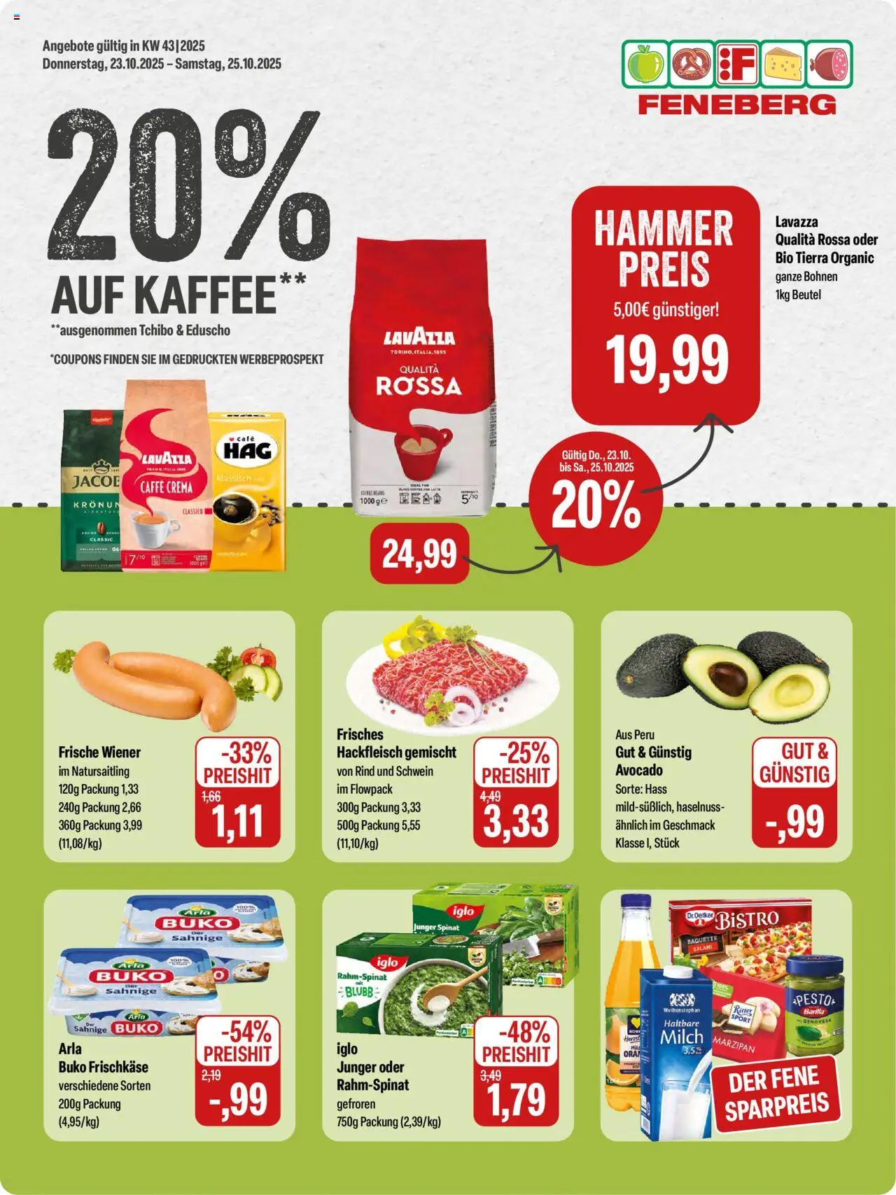 Feneberg Angebote (vom 23.10.2025 - 25.10.2025) - Kaffee, Avocado, Baguette, Milch, Salami, Barilla, Iglo, Frischkase