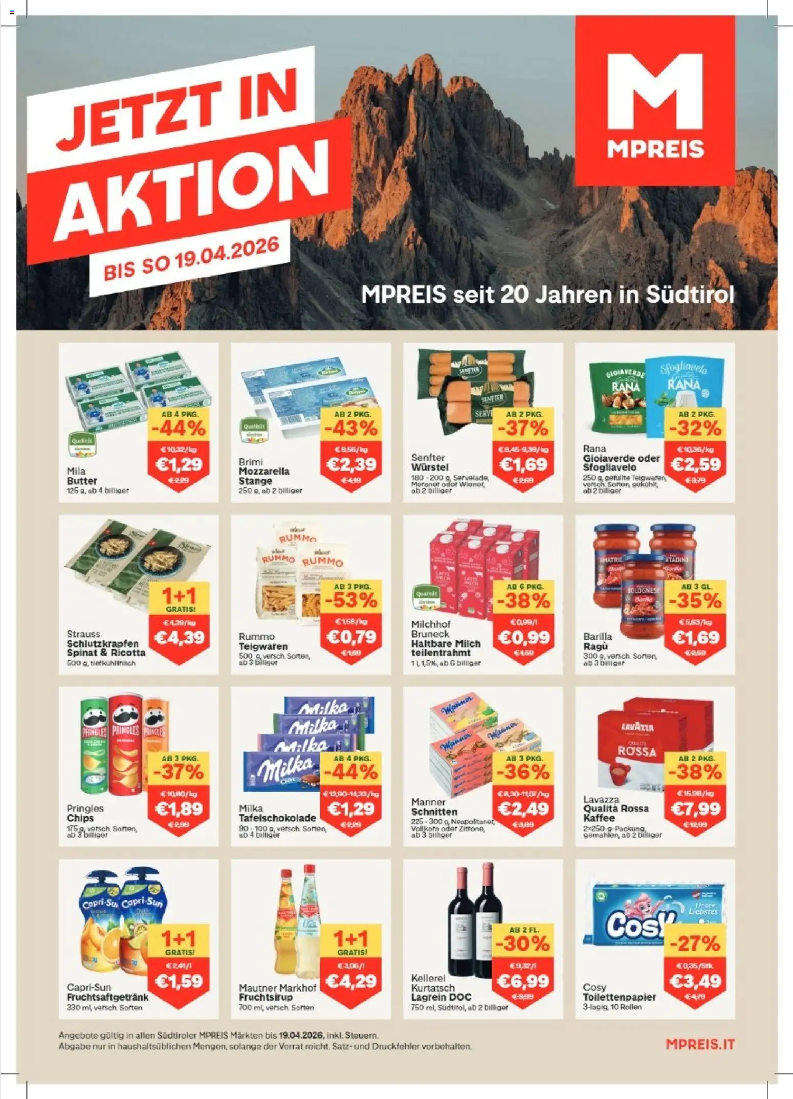 Vorschau der Angebote: MPREIS MPREIS Algund gültig ab 08.04.2026 - Kaffee, Chips, Milch, Butter, Zitrone, Barilla