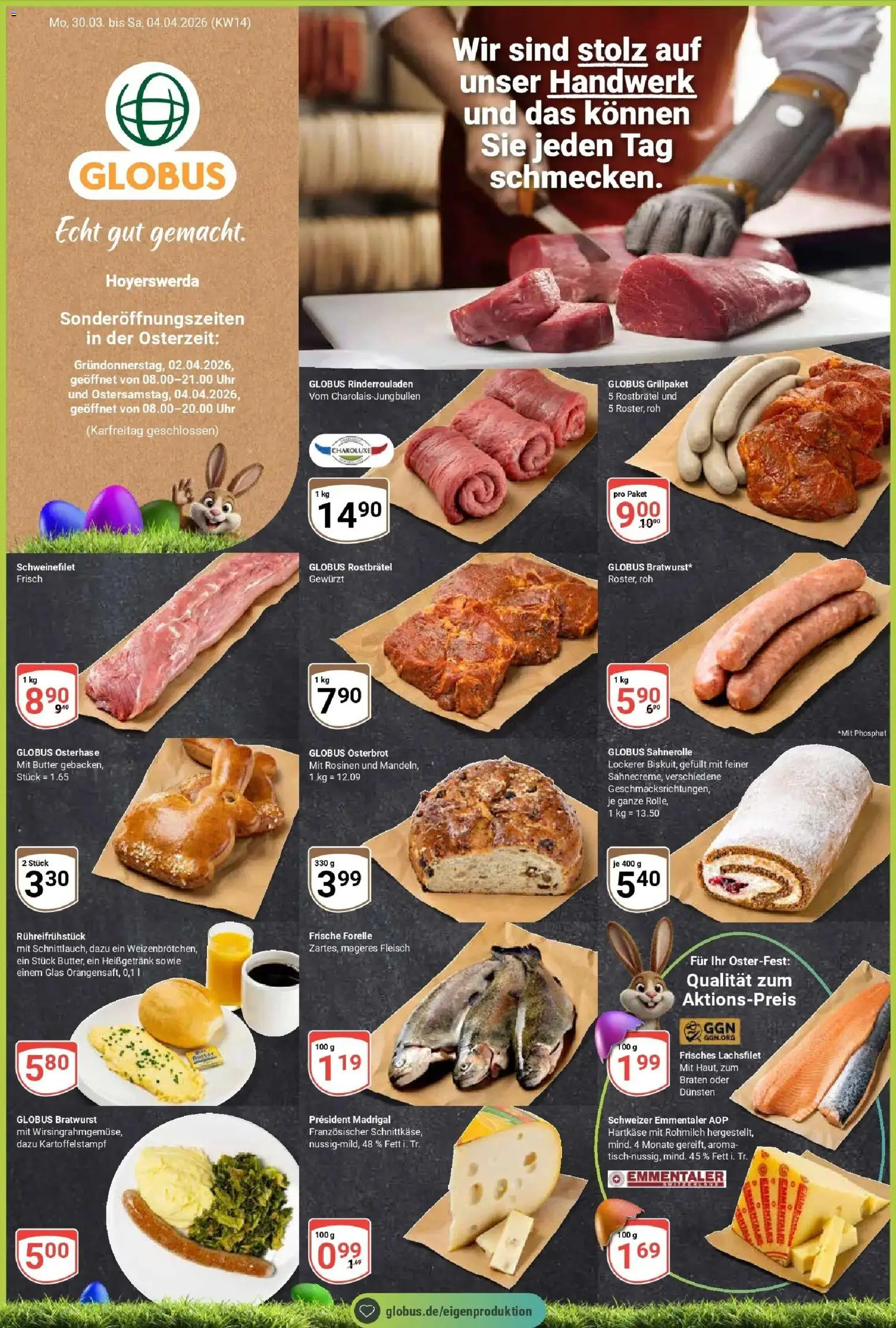 Vorschau von dem Prospekt des Geschäftes Globus, gültig ab dem 30.03.2026 - Uhr, Butter, Bratwurst, Rinderrouladen, Fleisch, Schweinefilet, Rosinen