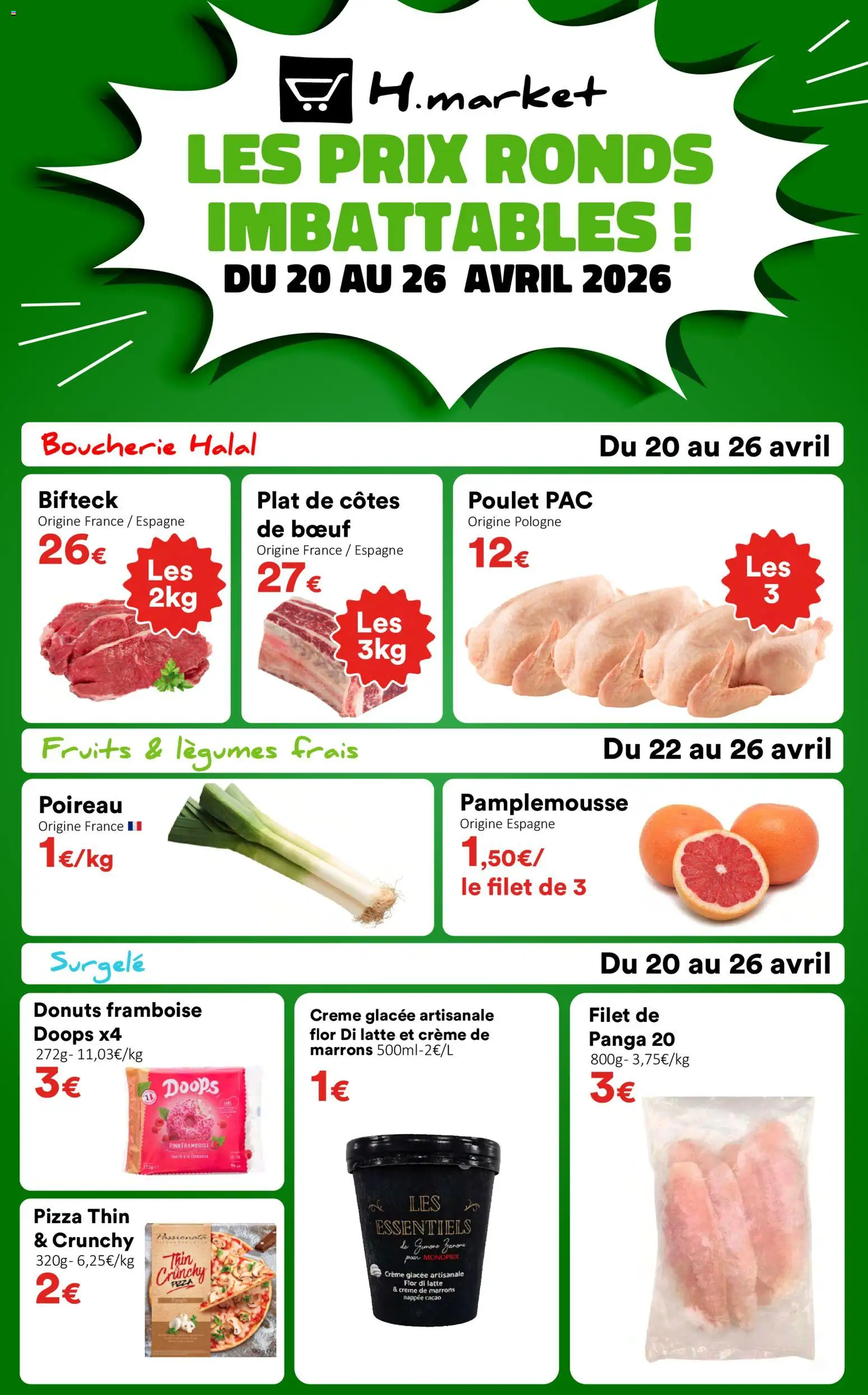 Prévisualisation de Hmarket catalogue du magasin Hmarket formulaire valide 20/04/2026 - Pizza, Poulet, Fruits, Framboise, Crème, Pamplemousse, Crème de marrons, Cacao